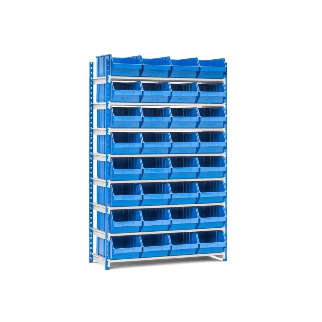 Fachbodenregal MAXIMUS mit 40x Sichtlagerboxen à 15,3L | Fachlast 130kg | Grundregal | HxBxT 200x100x40cm | 10 Ebenen | Lichtblau/Lichtgrau