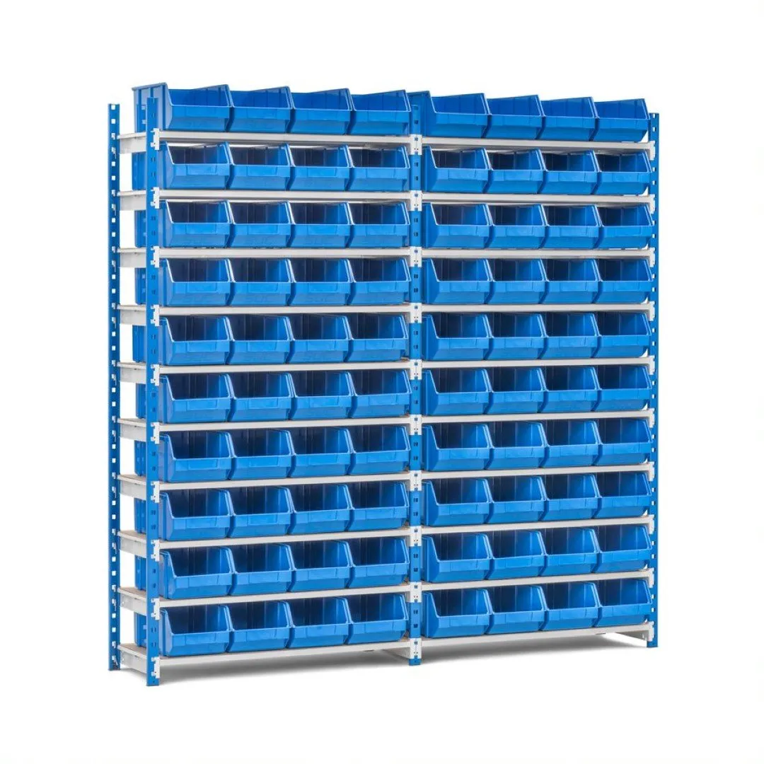 Fachbodenregal MAXIMUS mit 80x Sichtlagerboxen à 15,3L | Fachlast 130kg | Komplettregal | HxBxT 200x200x40cm | 10 Ebenen | Lichtblau/Lichtgrau