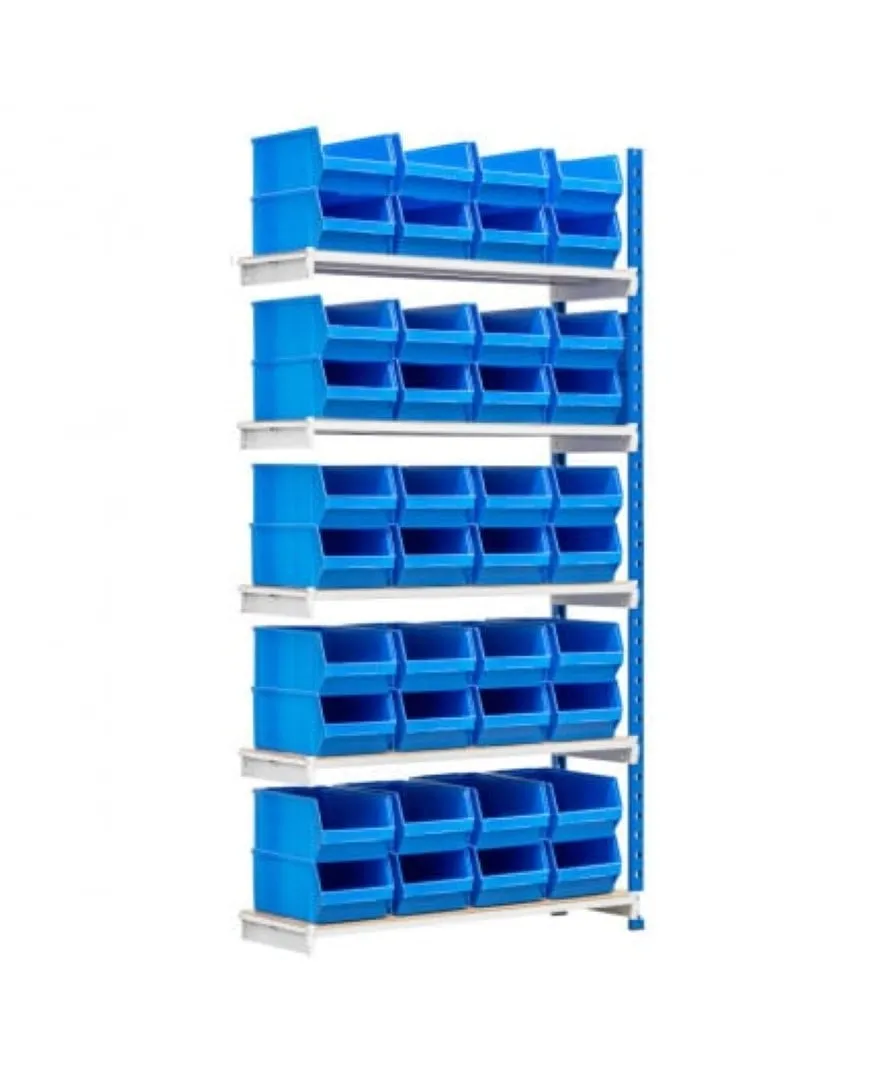 Fachbodenregal  MAXIMUS mit 40x Sichtlagerboxen à 10,7L | Fachlast 130kg | Anbauregal | HxBxT 200x100x34cm |  5 Ebenen | Lichtblau/Lichtgrau