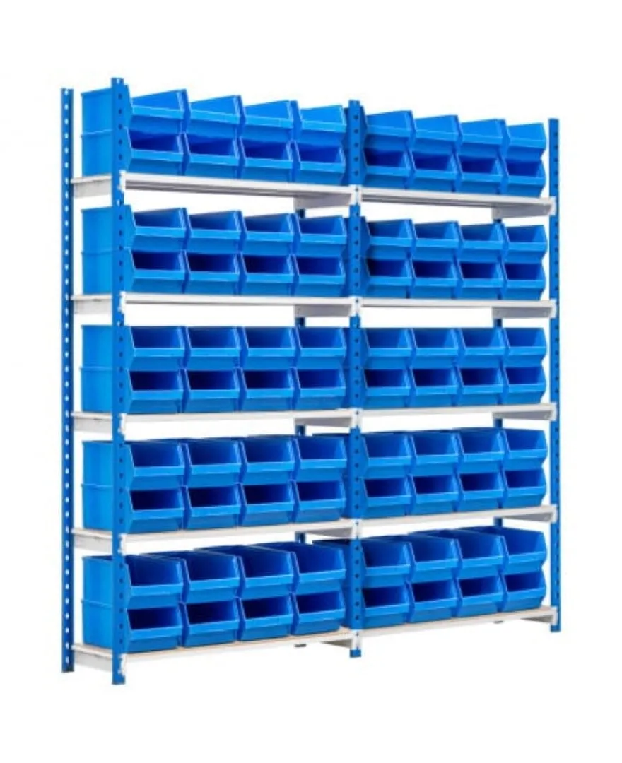 Fachbodenregal  MAXIMUS mit 80x Sichtlagerboxen à 10,7L | Fachlast 130kg | Komplettregal | HxBxT 200x200x34cm |  5 Ebenen | Lichtblau/Lichtgrau