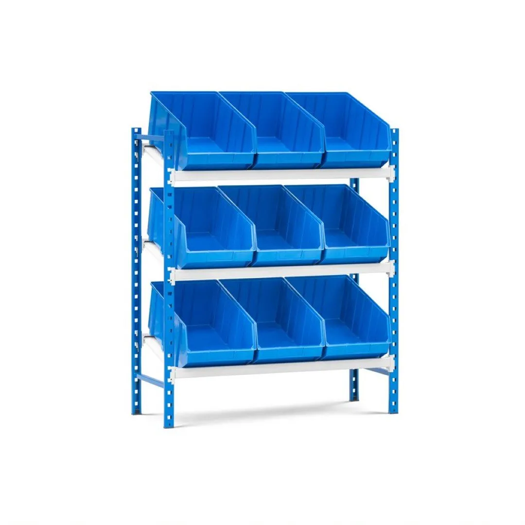 Schrägbodenregal MAXIMUS mit 9x Sichtlagerboxen à 31,5L | Fachlast 130kg | Grundregal | HxBxT 120x100x40cm | 3 Ebenen | Lichtblau/Lichtgrau