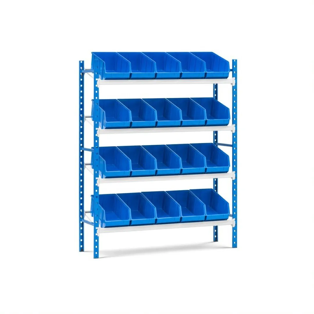 Schrägbodenregal  MAXIMUS mit 15x Sichtlagerboxen à 15,3L | Fachlast 130kg | Grundregal | HxBxT 120x125x40cm |  3  Ebenen | Lichtblau/Lichtgrau