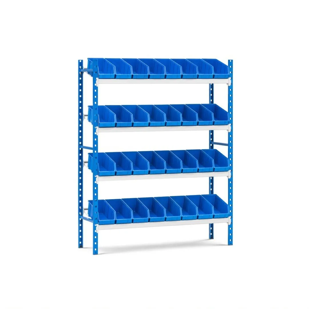 Schrägbodenregal  MAXIMUS mit 32x Sichtlagerboxen à 5,6L | Fachlast 130kg | Grundregal | HxBxT 160x125x40cm |  4  Ebenen | Lichtblau/Lichtgrau