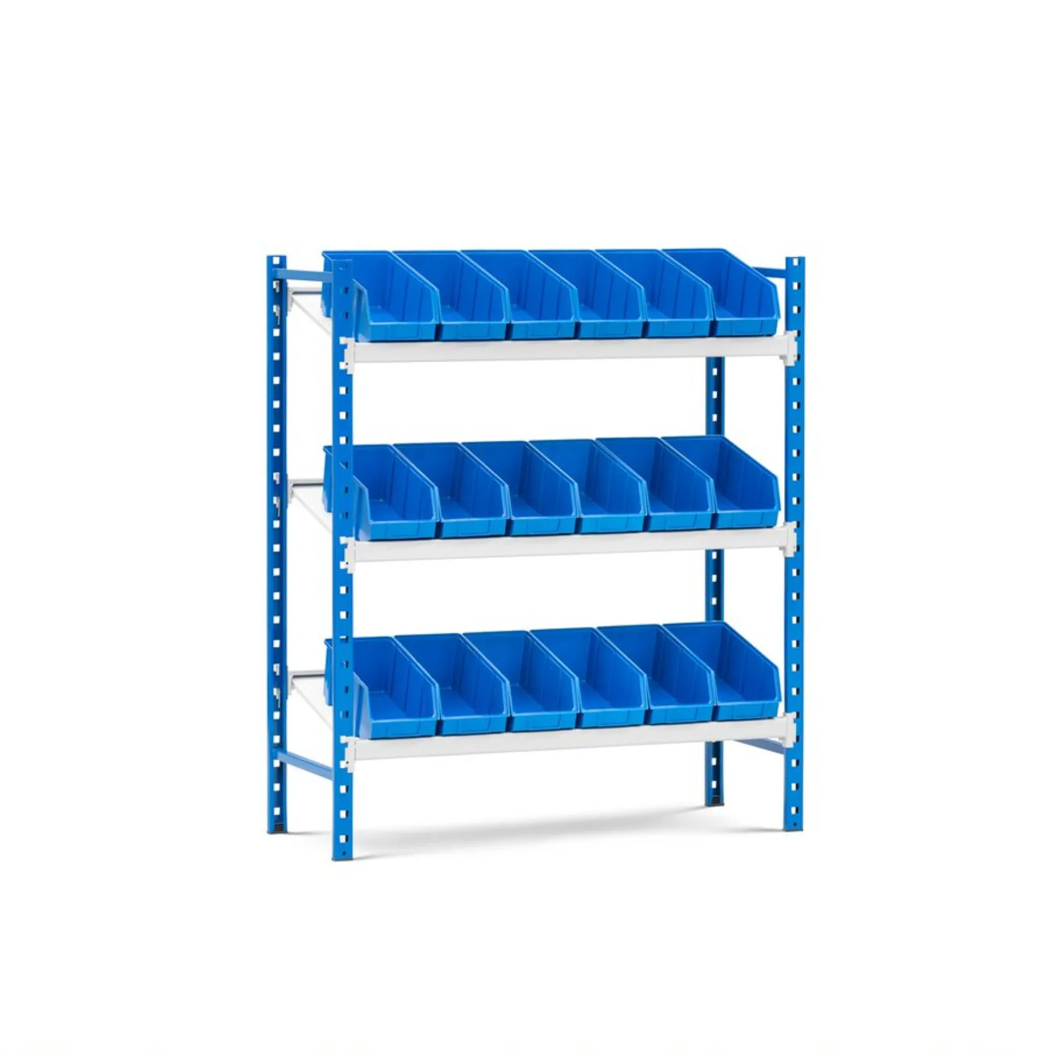 Schrägbodenregal  MAXIMUS mit 24x Sichtlagerboxen à 5,6L | Fachlast 130kg | Grundregal | HxBxT 160x100x40cm |  4  Ebenen | Lichtblau/Lichtgrau