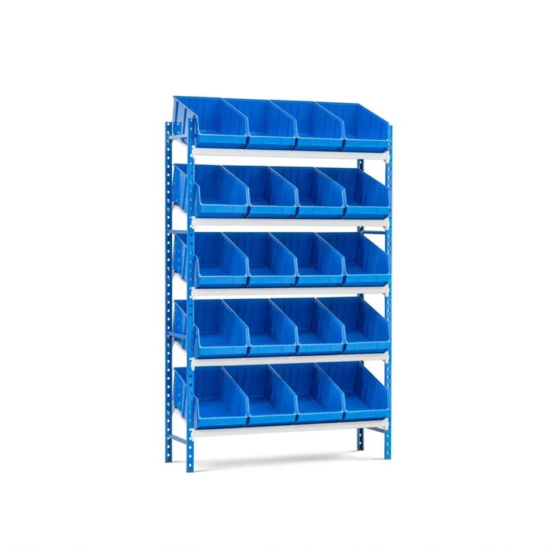 Schrägbodenregal  MAXIMUS mit 20x Sichtlagerboxen à 31,5L | Fachlast 130kg | Grundregal | HxBxT 200x125x40cm |  5  Ebenen | Lichtblau/Lichtgrau