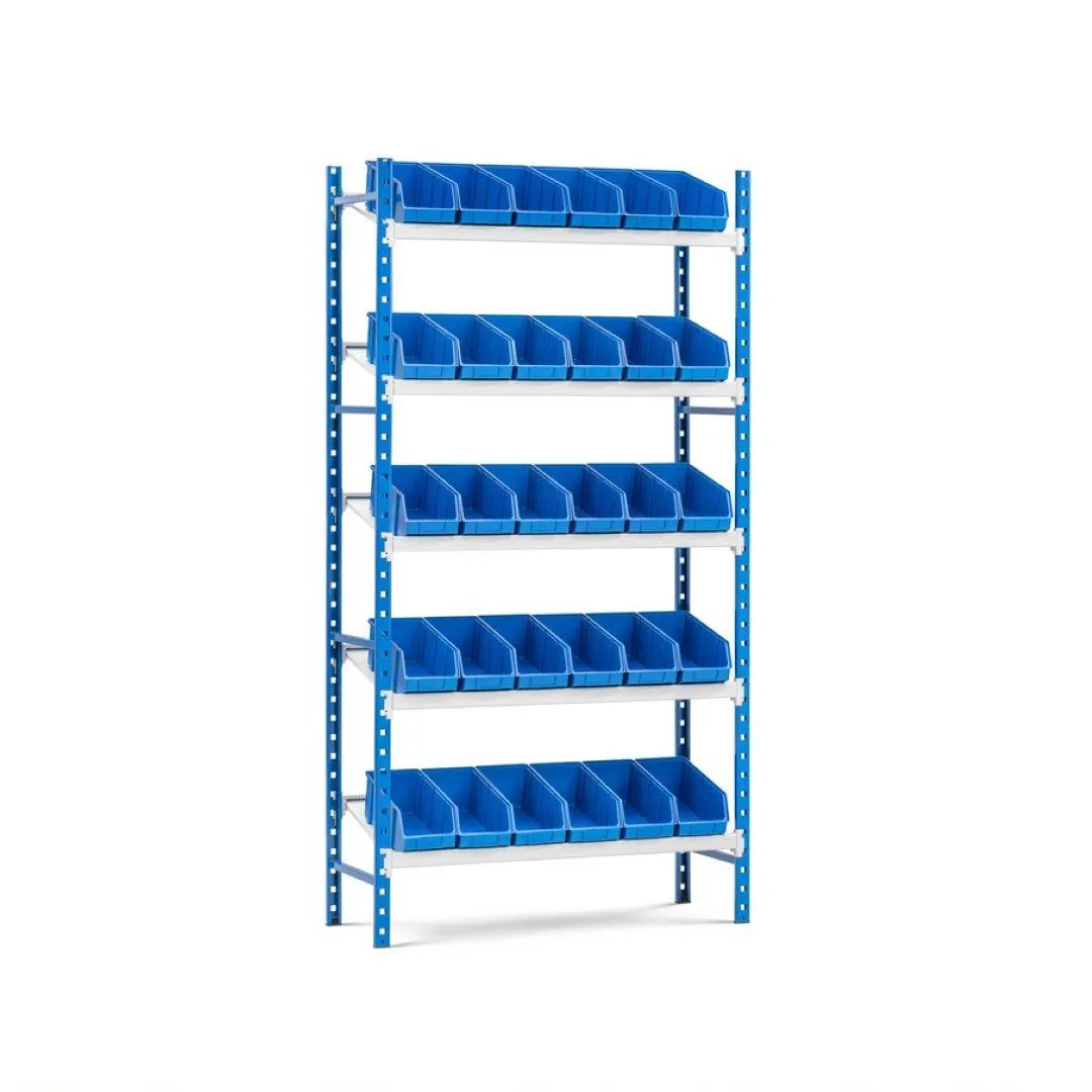 Schrägbodenregal MAXIMUS mit 30x Sichtlagerboxen à 5,6L | Fachlast 130kg | Grundregal | HxBxT 200x100x40cm | 5 Ebenen | Lichtblau/Lichtgrau