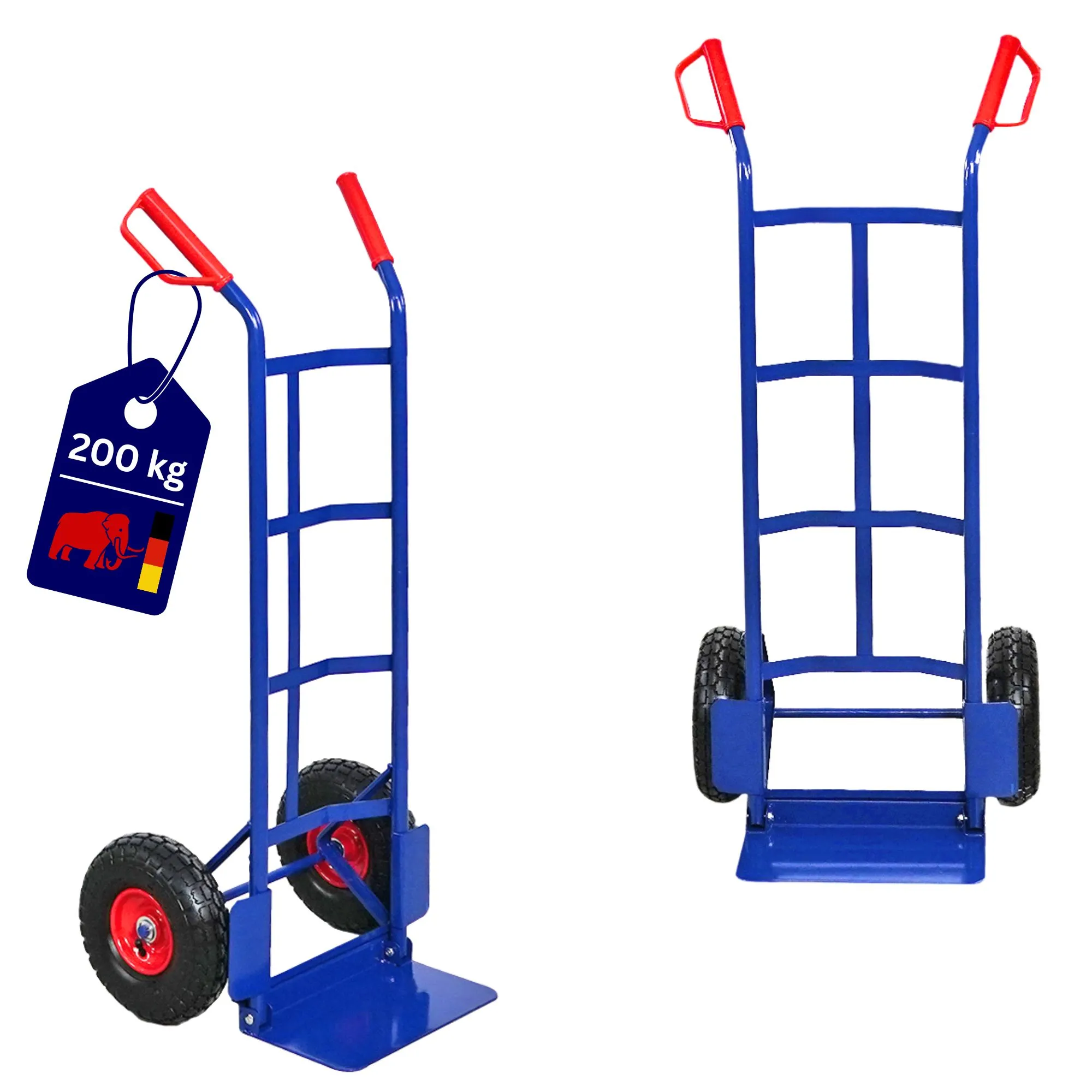 Sackkarre ODIN mit klappbarer Schaufel, gebogenen Streben & Luftbereifung | Traglast 200kg | HxBxT 115x54x44cm | Blau | Transportkarre Staplerkarre klappbar