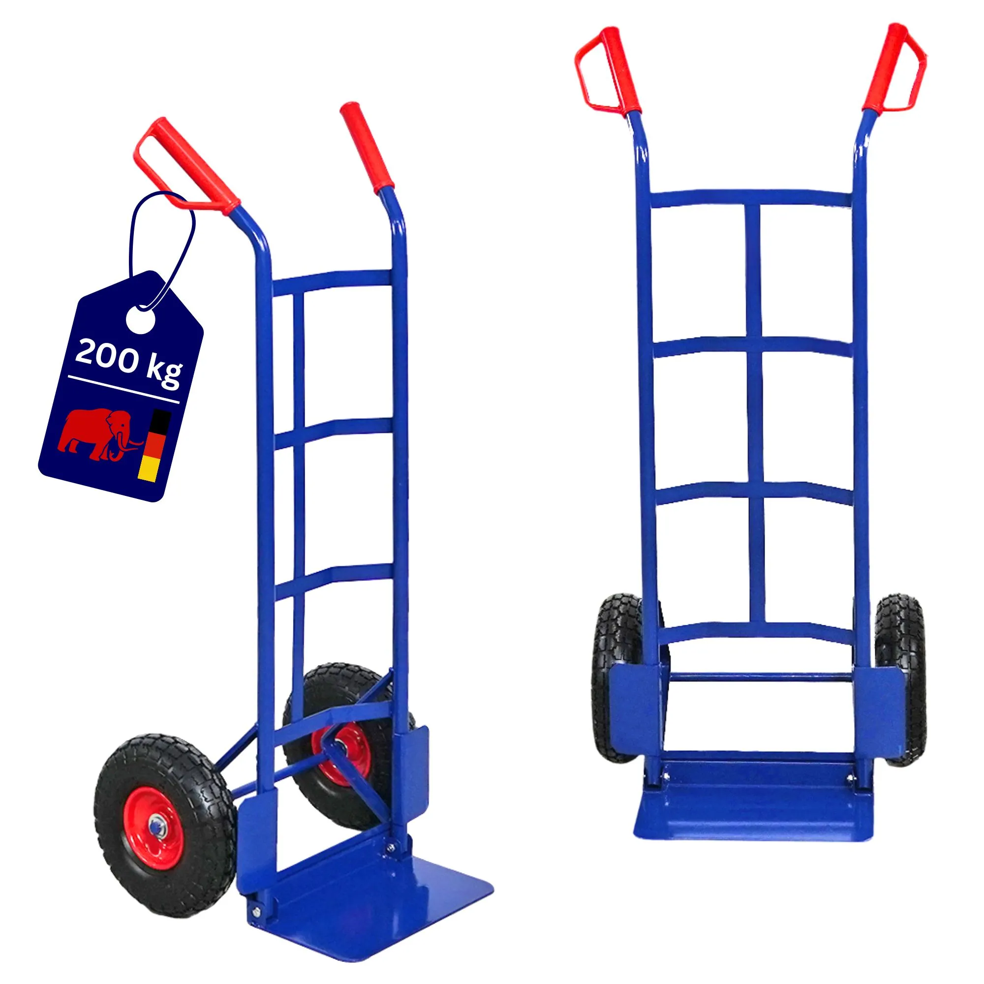 Sackkarre ODIN mit klappbarer Schaufel, gebogenen Streben & pannensichere PU-Bereifung | Traglast 200kg | HxBxT 115x54x44cm | Blau | Transportkarre Staplerkarre klappbar