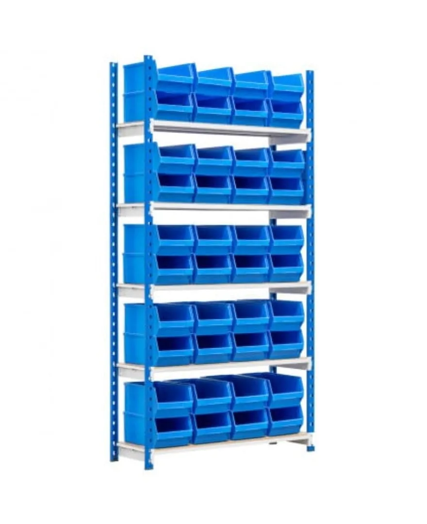 Fachbodenregal  MAXIMUS mit 40x Sichtlagerboxen à 10,7L | Fachlast 130kg | Grundregal | HxBxT 200x100x34cm |  5 Ebenen | Lichtblau/Lichtgrau