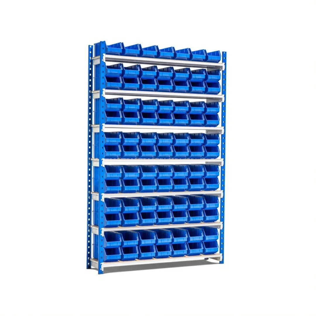 Fachbodenregal MAXIMUS mit 91x Sichtlagerboxen à 4,6L | Fachlast 114kg | Grundregal | HxBxT 200x125x30cm | 7 Ebenen | Lichtblau/Lichtgrau