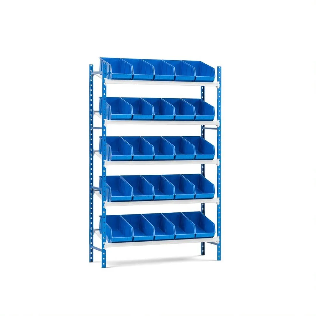 Schrägbodenregal MAXIMUS mit 25x Sichtlagerboxen à 15,3L | Fachlast 130kg | Grundregal | HxBxT 200x125x40cm | 5 Ebenen | Lichtblau/Lichtgrau