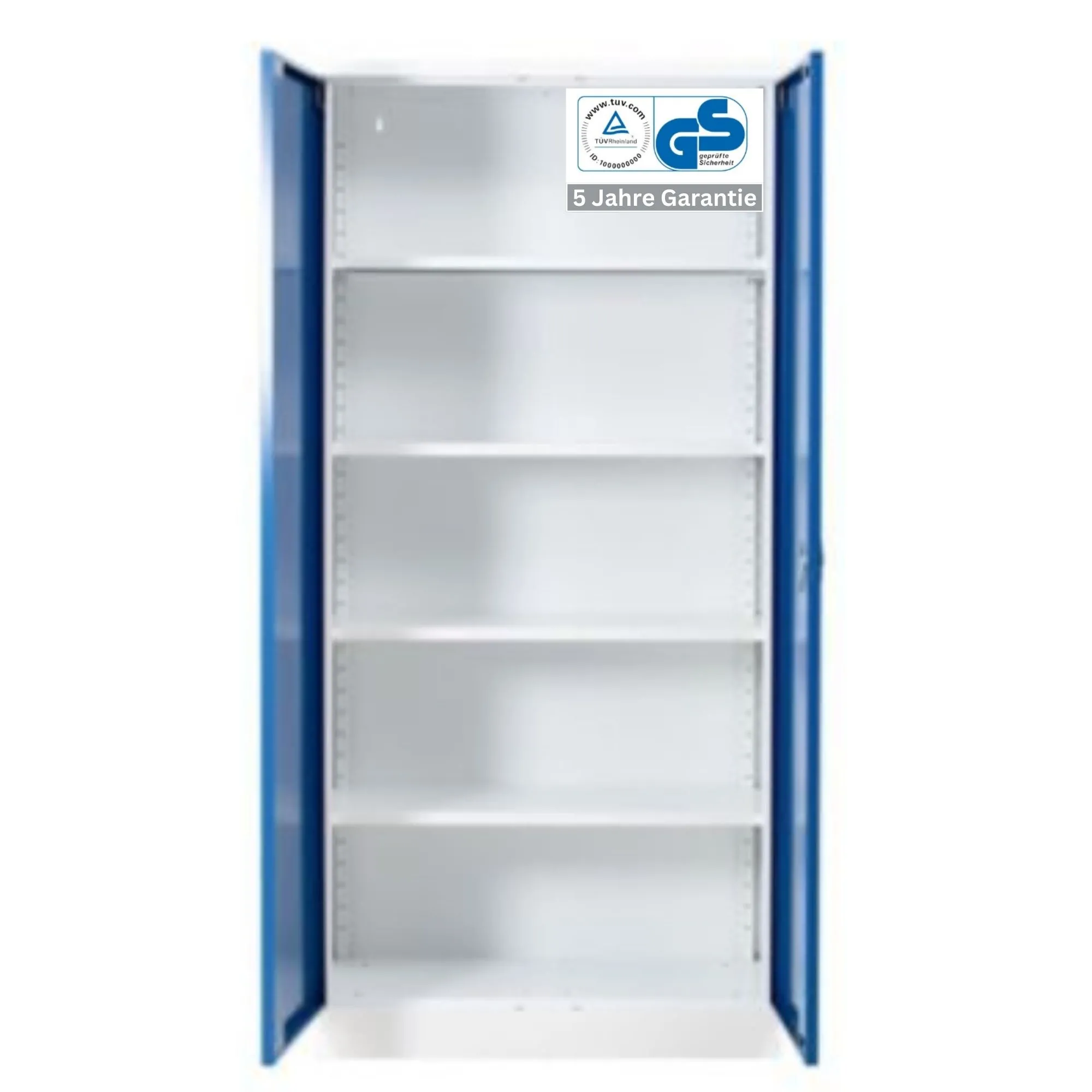 Stahlschrank BEE mit 4 lackierten Fachböden | HxBxT 195x92x42cm | Korpusfarbe Verkehrsweiß, Frontfarbe Enzianblau | Werkstattschrank Werkzeugschrank Aktenschrank Universalschrank