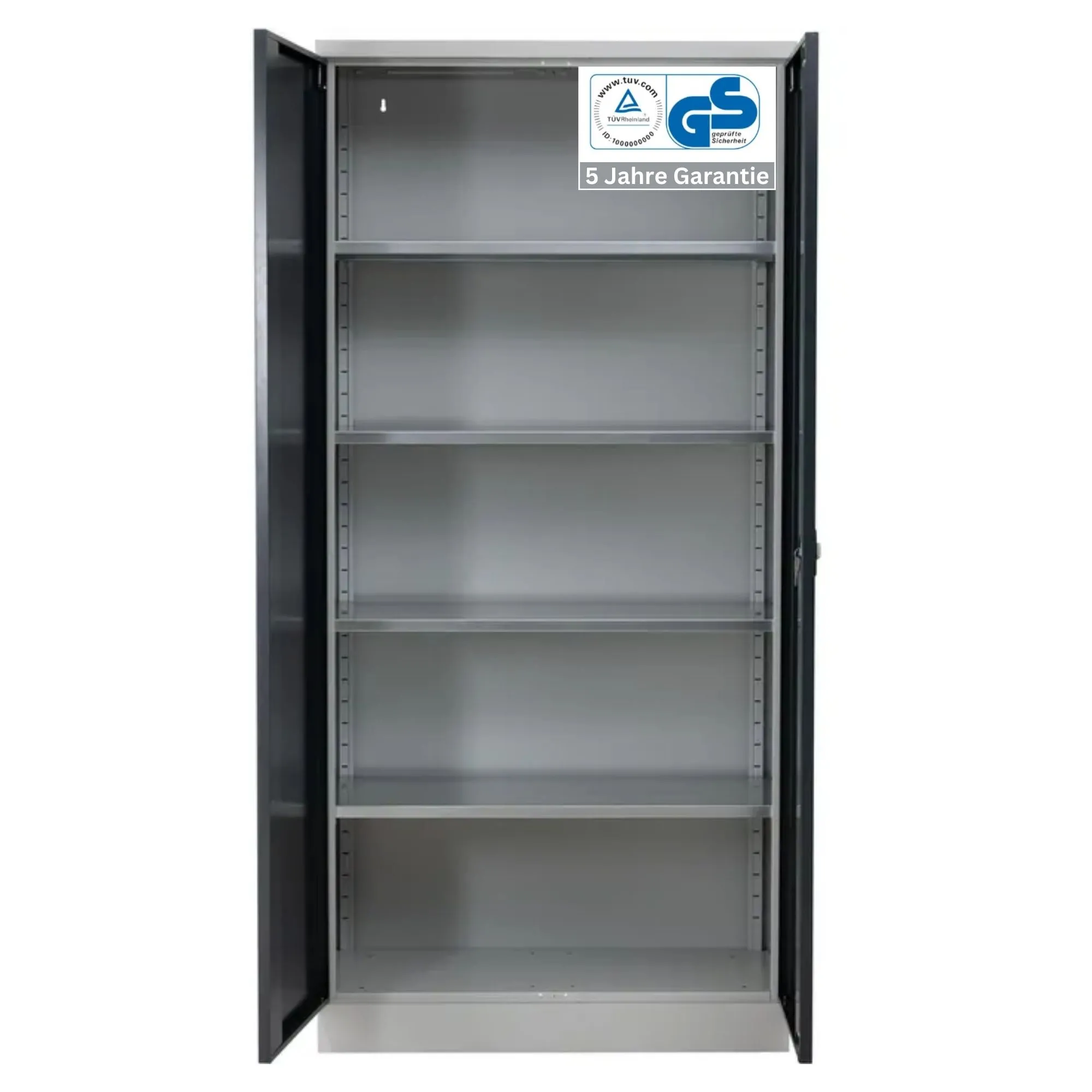 Stahlschrank BEE mit 4 lackierten Fachböden | HxBxT 195x92x60cm | Korpusfarbe Lichtgrau, Frontfarbe Schwarz | Werkstattschrank Werkzeugschrank Aktenschrank Universalschrank