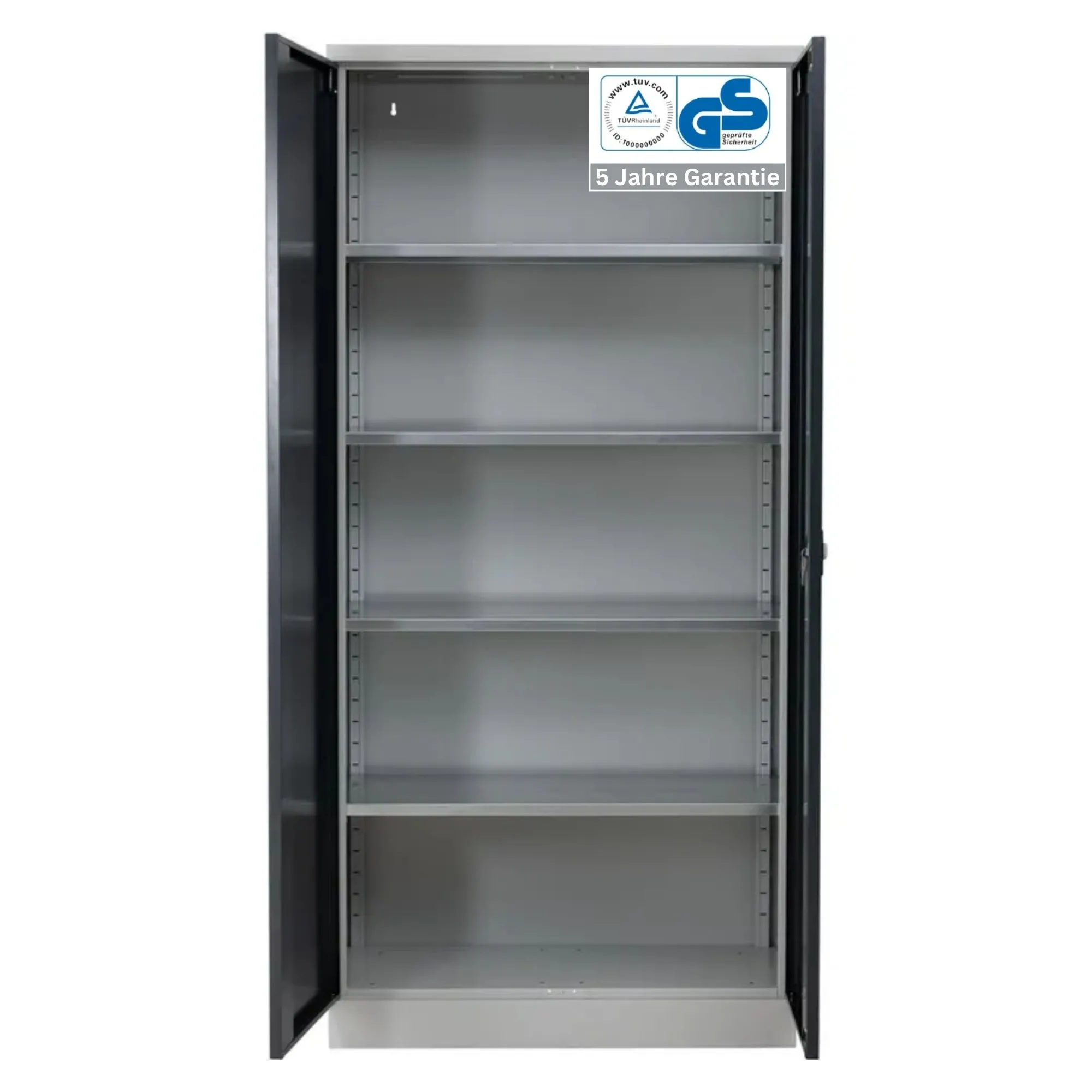 Stahlschrank BEE mit 4 lackierten Fachböden | HxBxT 195x92x42cm | Korpusfarbe Lichtgrau, Frontfarbe Schwarz | Werkstattschrank Werkzeugschrank Aktenschrank Universalschrank