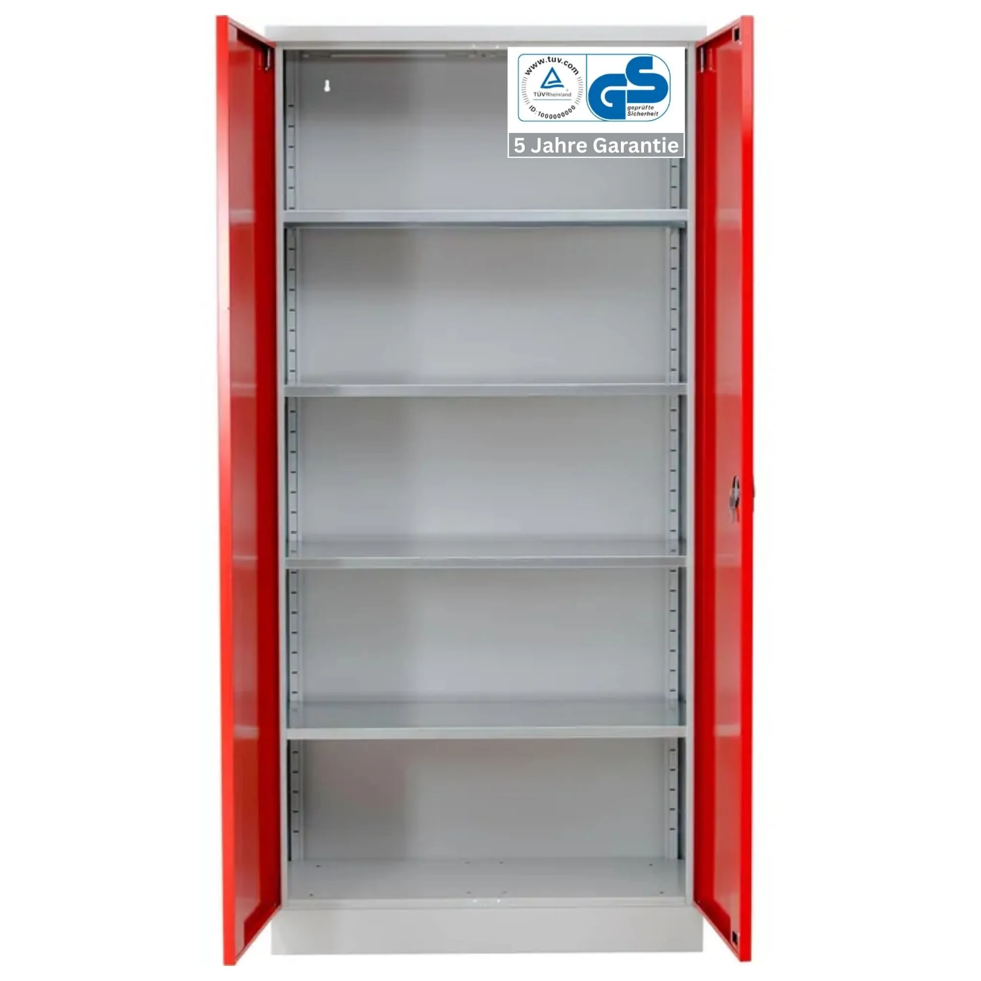 Stahlschrank BEE mit 4 verzinkten Fachböden | HxBxT 195x92x50cm | Korpusfarbe Lichtgrau, Frontfarbe Feuerrot | Werkstattschrank Werkzeugschrank Aktenschrank Universalschrank