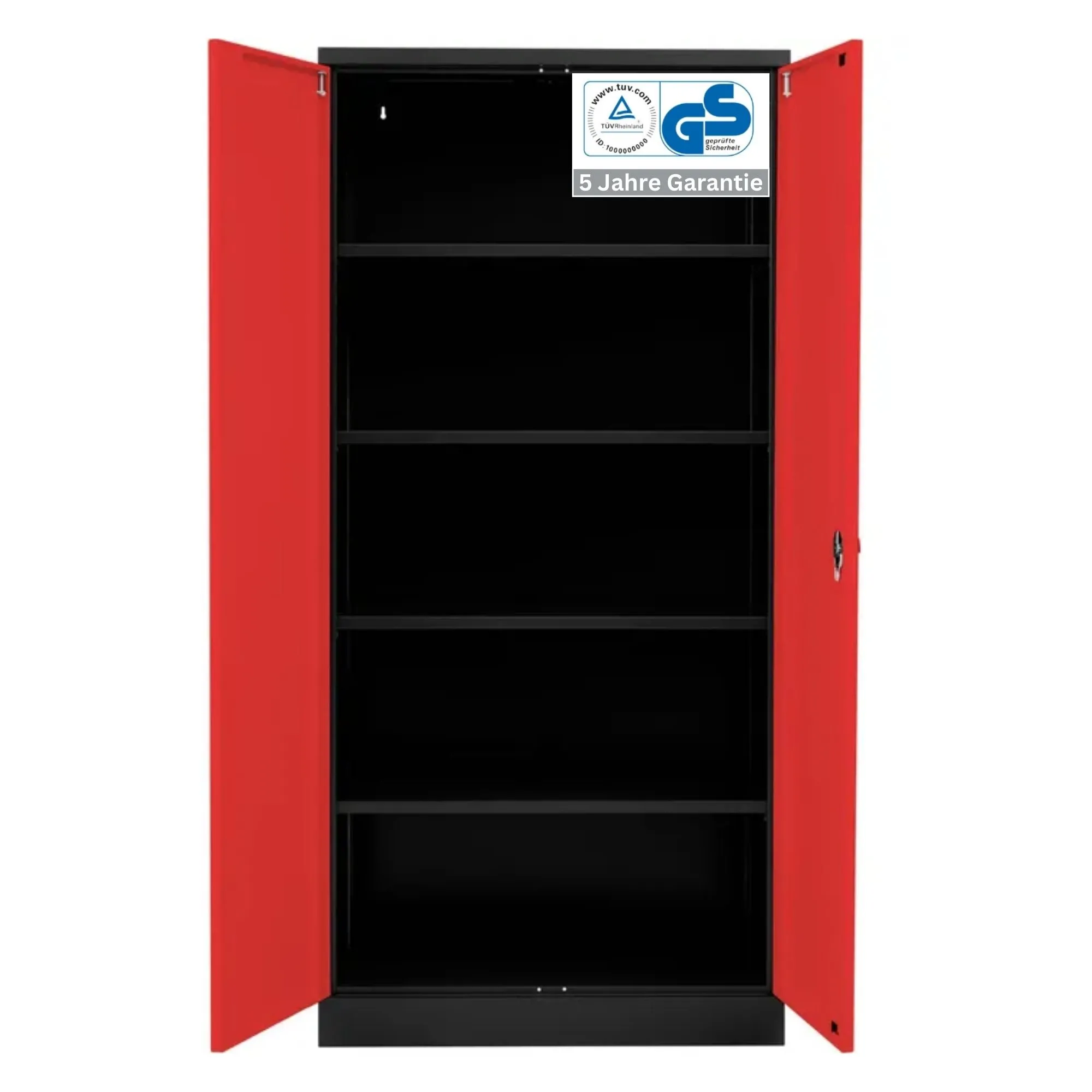 Stahlschrank BEE mit 4 lackierten Fachböden | HxBxT 195x92x60cm | Korpusfarbe Schwarz, Frontfarbe Feuerrot | Werkstattschrank Werkzeugschrank Aktenschrank Universalschrank