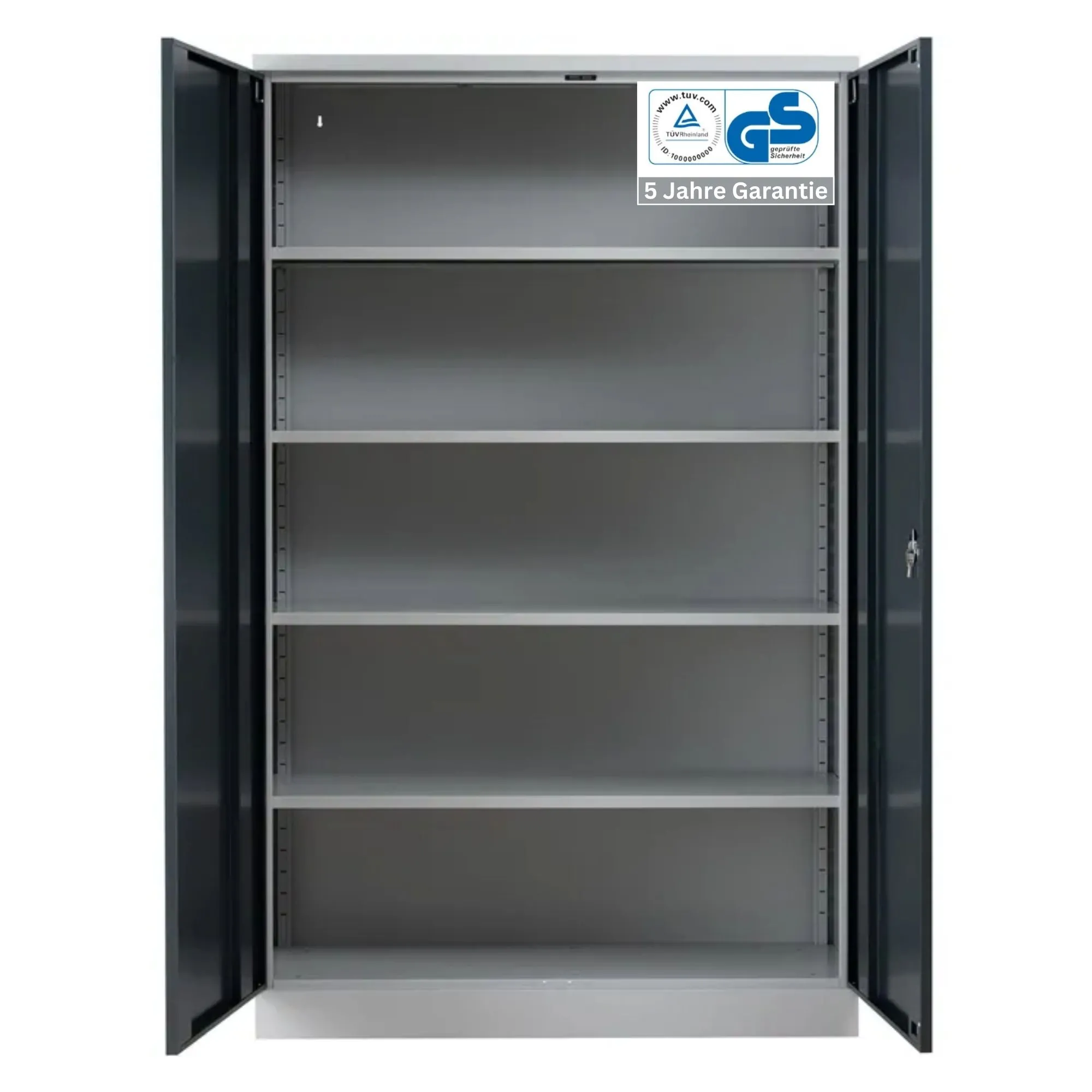 Stahlschrank BEE mit 4 lackierten Fachböden | HxBxT 195x120x42cm | Korpusfarbe Lichtgrau, Frontfarbe Anthrazit | Werkstattschrank Werkzeugschrank Aktenschrank Universalschrank