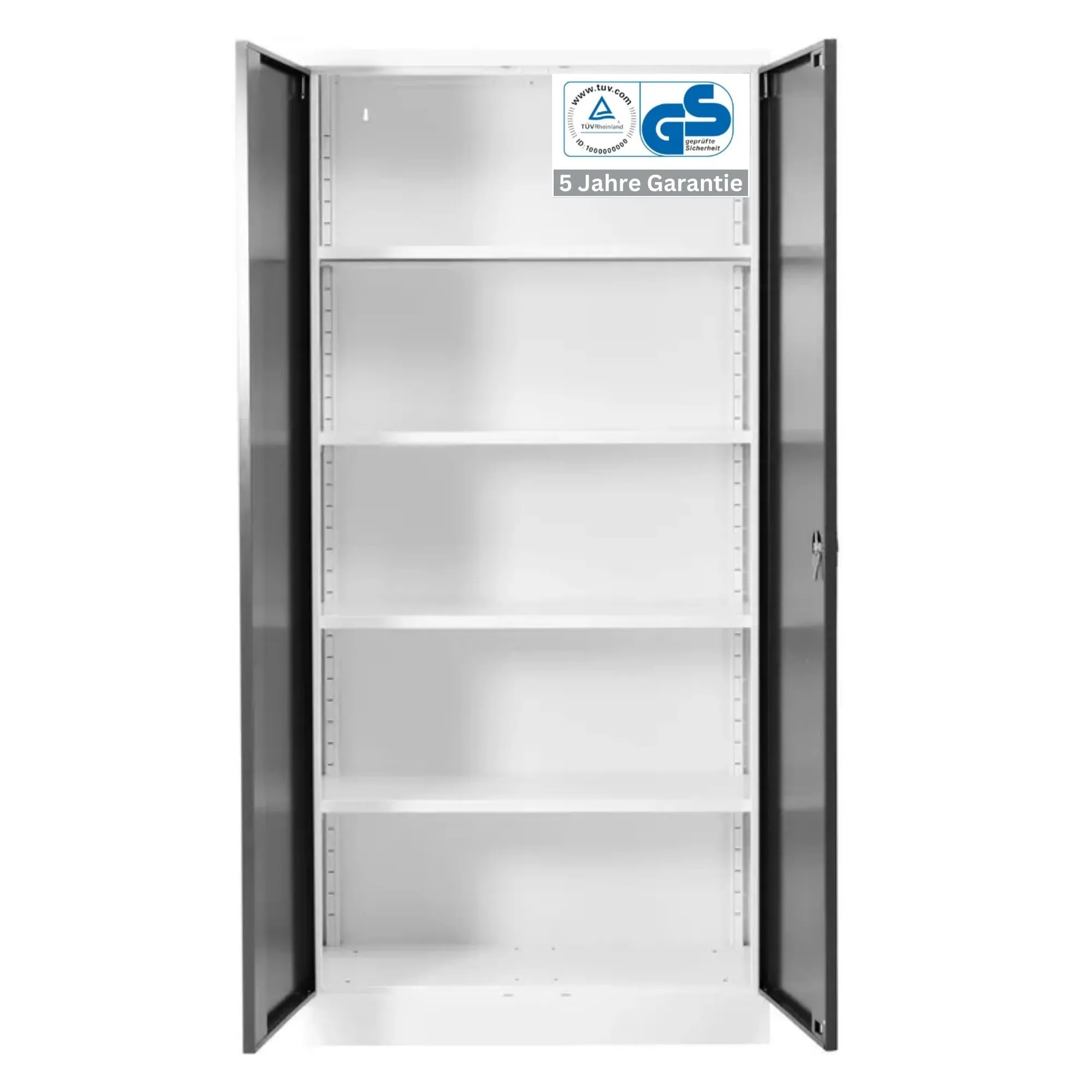 Stahlschrank BEE mit 4 lackierten Fachböden | HxBxT 195x92x50cm | Korpusfarbe Verkehrsweiß, Frontfarbe Schwarz | Werkstattschrank Werkzeugschrank Aktenschrank Universalschrank