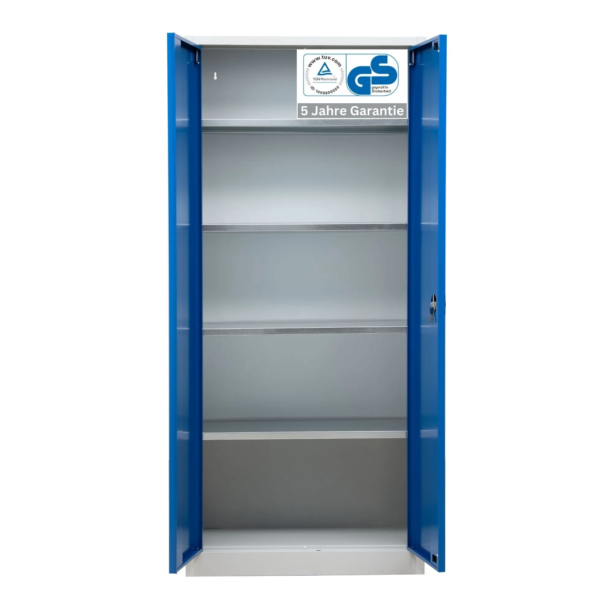 Stahlschrank BEE mit 4 lackierten Fachböden | HxBxT 195x92x50cm | Korpusfarbe Verkehrsweiß, Frontfarbe Enzianblau | Werkstattschrank Werkzeugschrank Aktenschrank Universalschrank