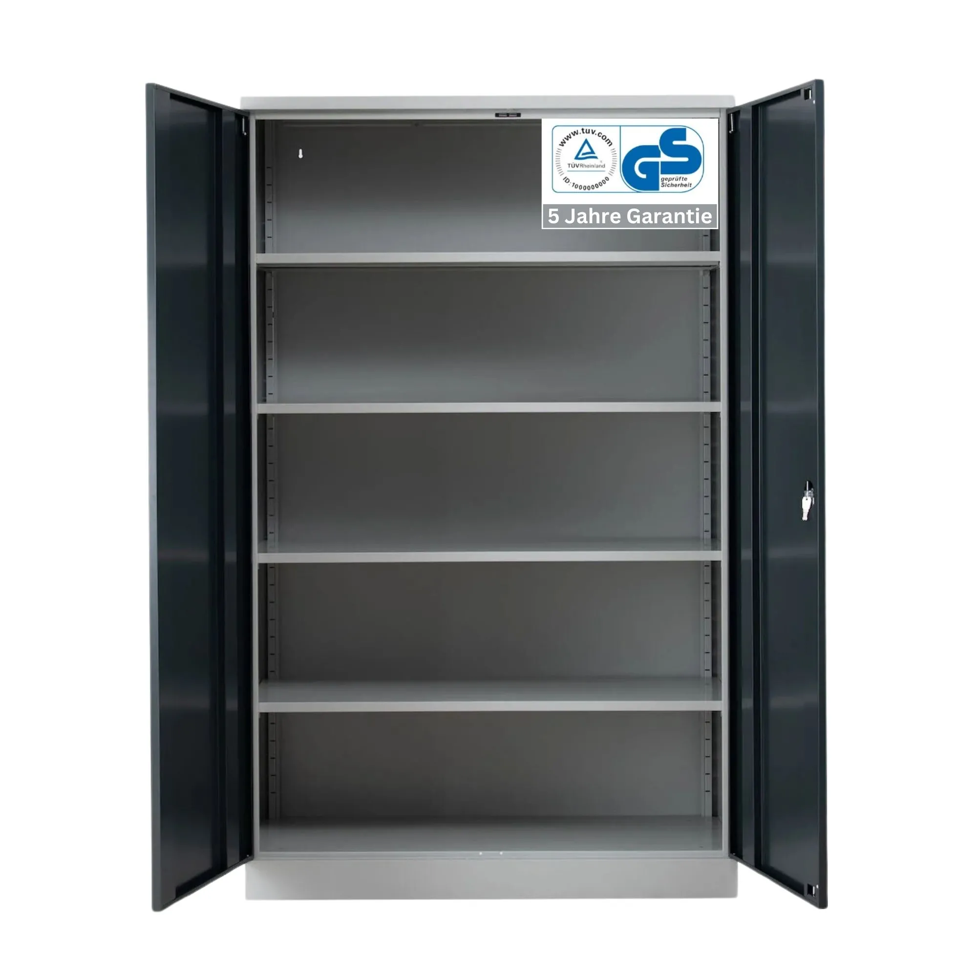 Stahlschrank BEE mit 4 lackierten Fachböden | HxBxT 195x120x50cm | Korpusfarbe Lichtgrau, Frontfarbe Anthrazit | Werkstattschrank Werkzeugschrank Aktenschrank Universalschrank