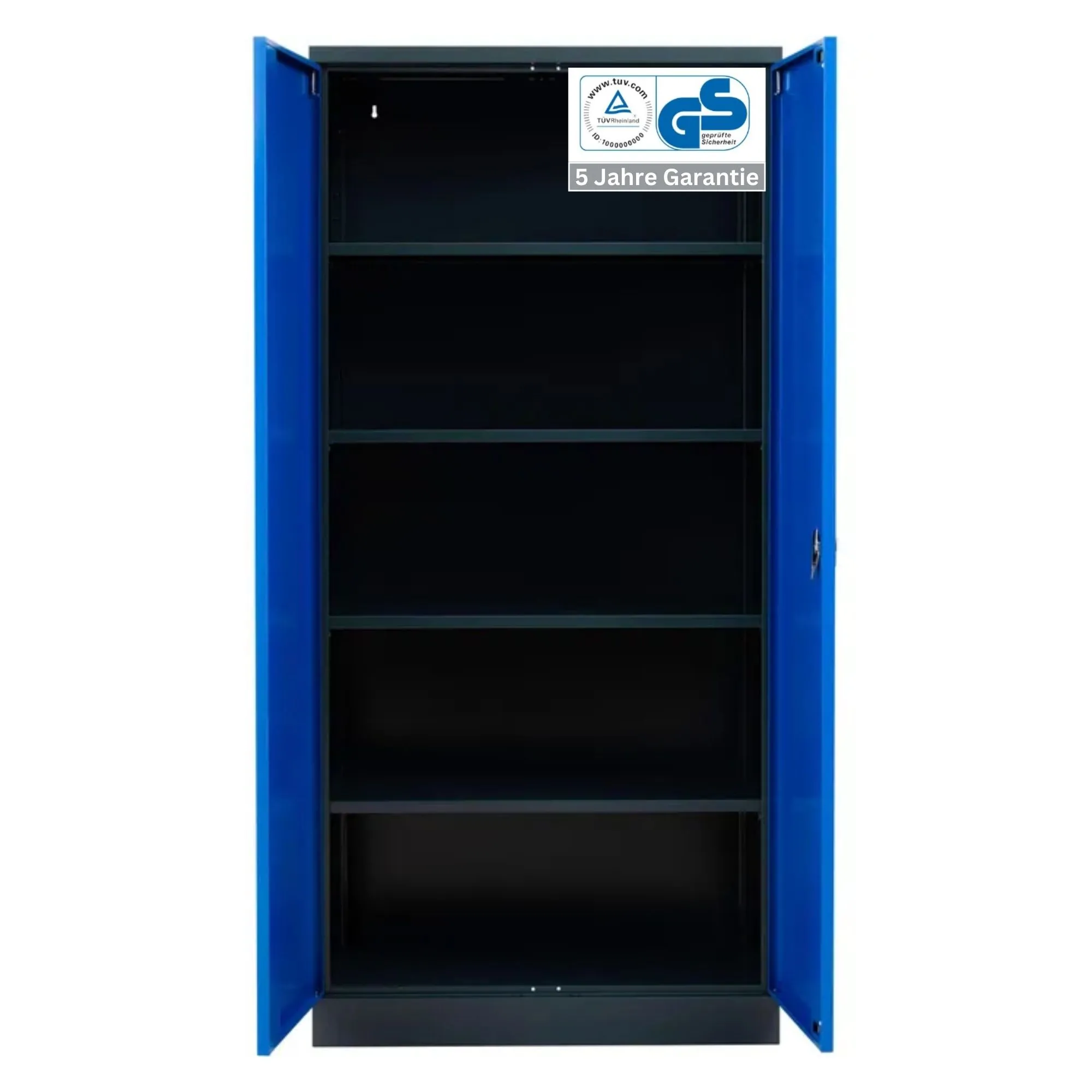 Stahlschrank BEE mit 4 lackierten Fachböden | HxBxT 195x92x42cm | Korpusfarbe Schwarz, Frontfarbe Enzianblau | Werkstattschrank Werkzeugschrank Aktenschrank Universalschrank