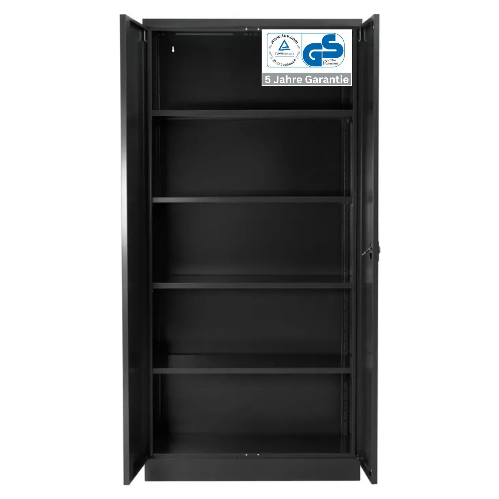 Stahlschrank BEE mit 4 lackierten Fachböden | HxBxT 195x92x60cm | Korpusfarbe Schwarz, Frontfarbe Schwarz | Werkstattschrank Werkzeugschrank Aktenschrank Universalschrank