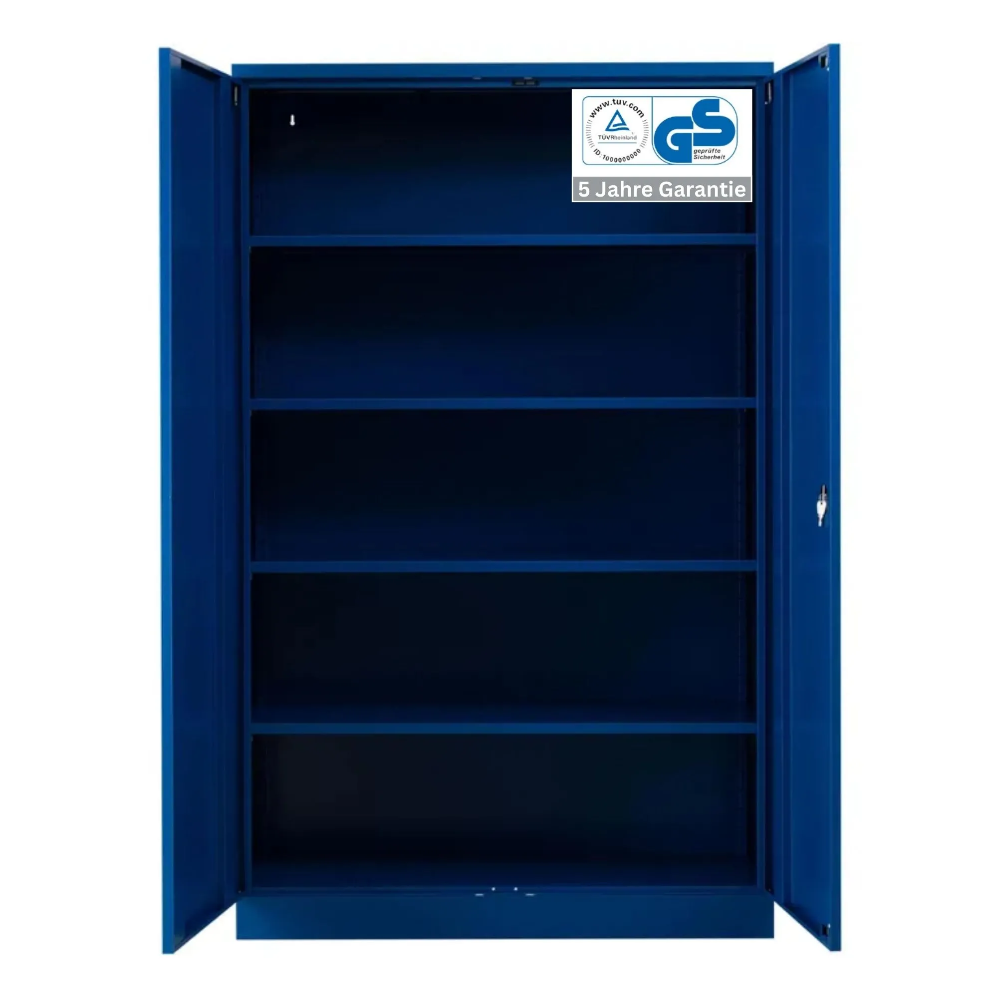 Stahlschrank BEE mit 4 lackierten Fachböden | HxBxT 195x120x42cm | Korpusfarbe Enzianblau, Frontfarbe Enzianblau | Werkstattschrank Werkzeugschrank Aktenschrank Universalschrank