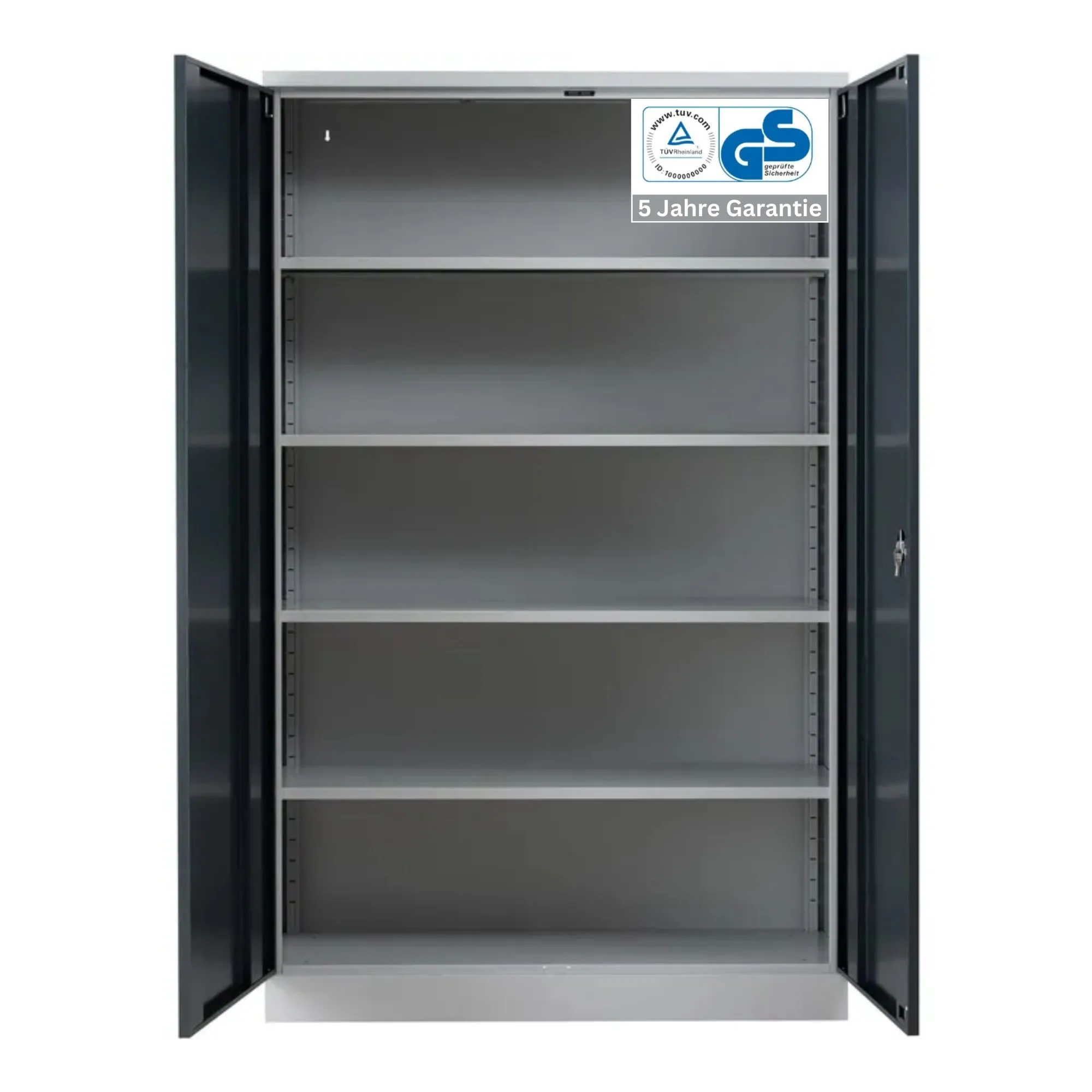 Stahlschrank BEE mit 4 verzinkten Fachböden | HxBxT 195x120x42cm | Korpusfarbe Lichtgrau, Frontfarbe Anthrazit | Werkstattschrank Werkzeugschrank Aktenschrank Universalschrank