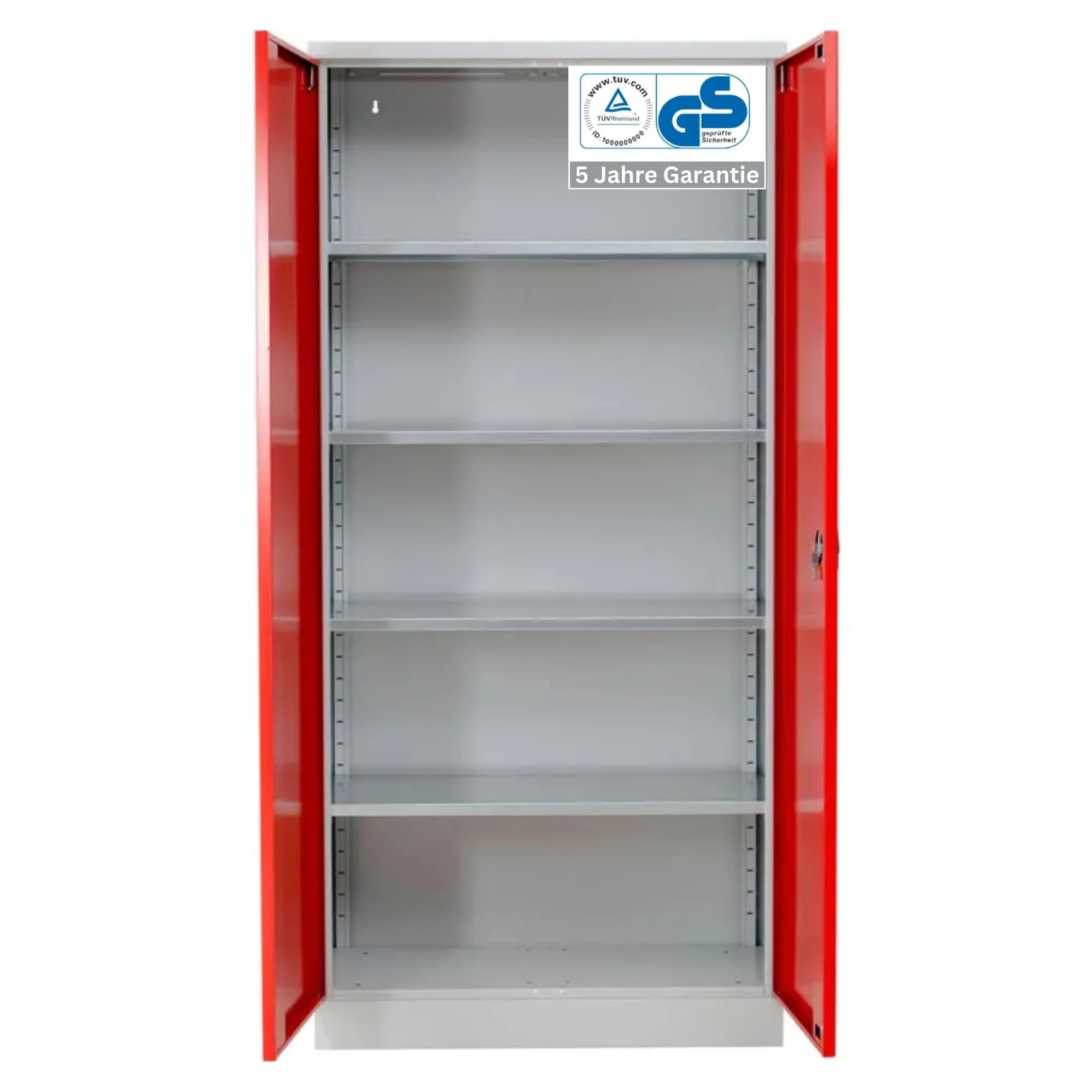 Stahlschrank BEE mit 4 verzinkten Fachböden | HxBxT 195x92x60cm | Korpusfarbe Lichtgrau, Frontfarbe Feuerrot | Werkstattschrank Werkzeugschrank Aktenschrank Universalschrank