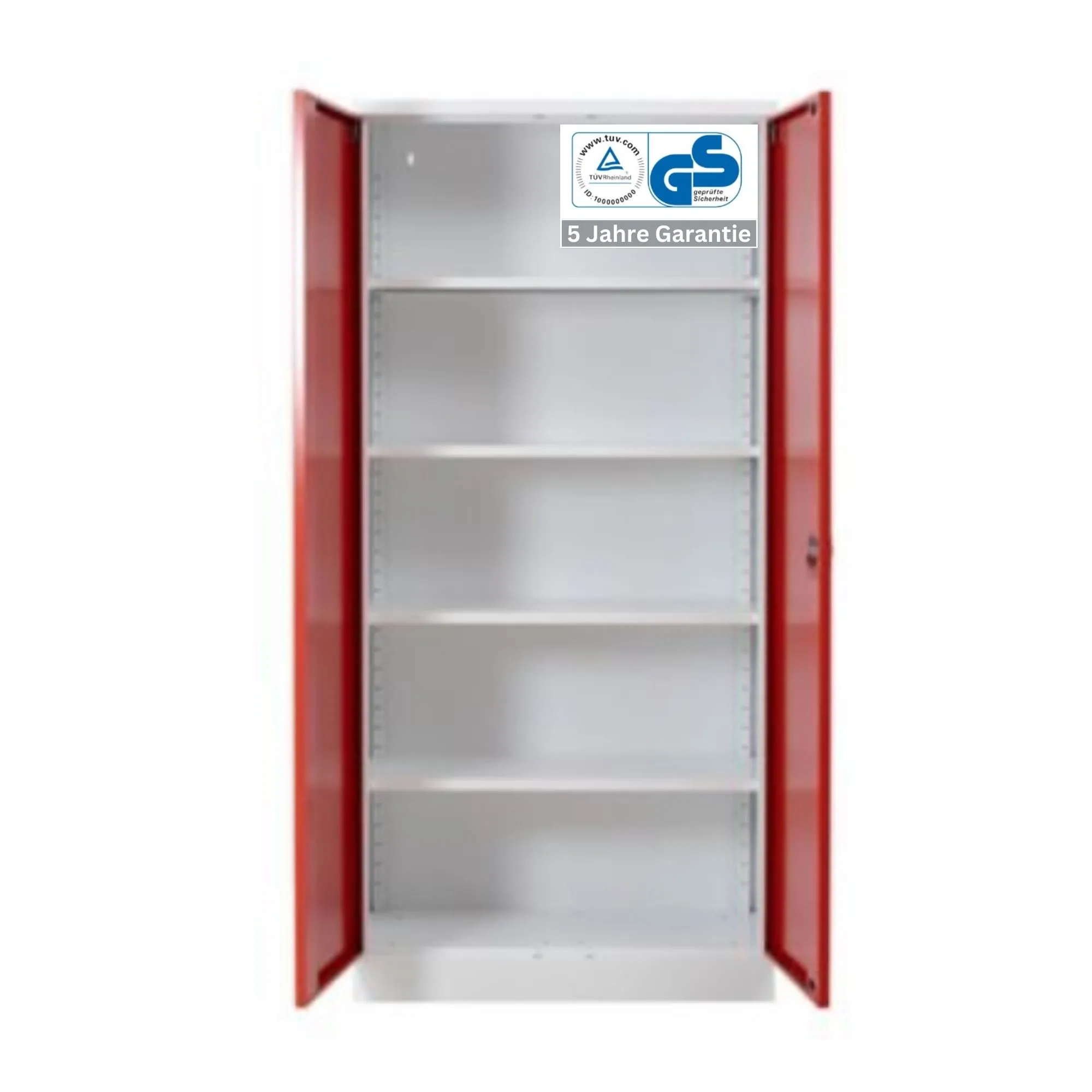 Stahlschrank BEE mit 4 lackierten Fachböden | HxBxT 195x92x42cm | Korpusfarbe Verkehrsweiß, Frontfarbe Feuerrot | Werkstattschrank Werkzeugschrank Aktenschrank Universalschrank