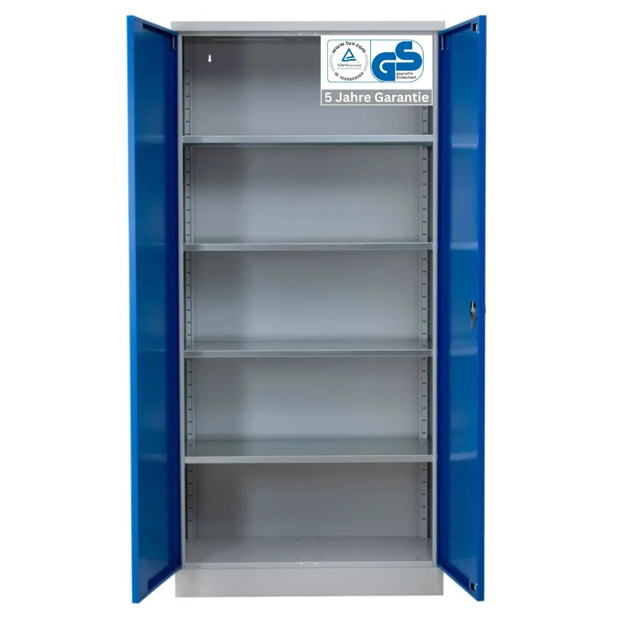 Stahlschrank BEE mit 4 verzinkten Fachböden | HxBxT 195x92x50cm | Korpusfarbe Lichtgrau, Frontfarbe Enzianblau | Werkstattschrank Werkzeugschrank Aktenschrank Universalschrank