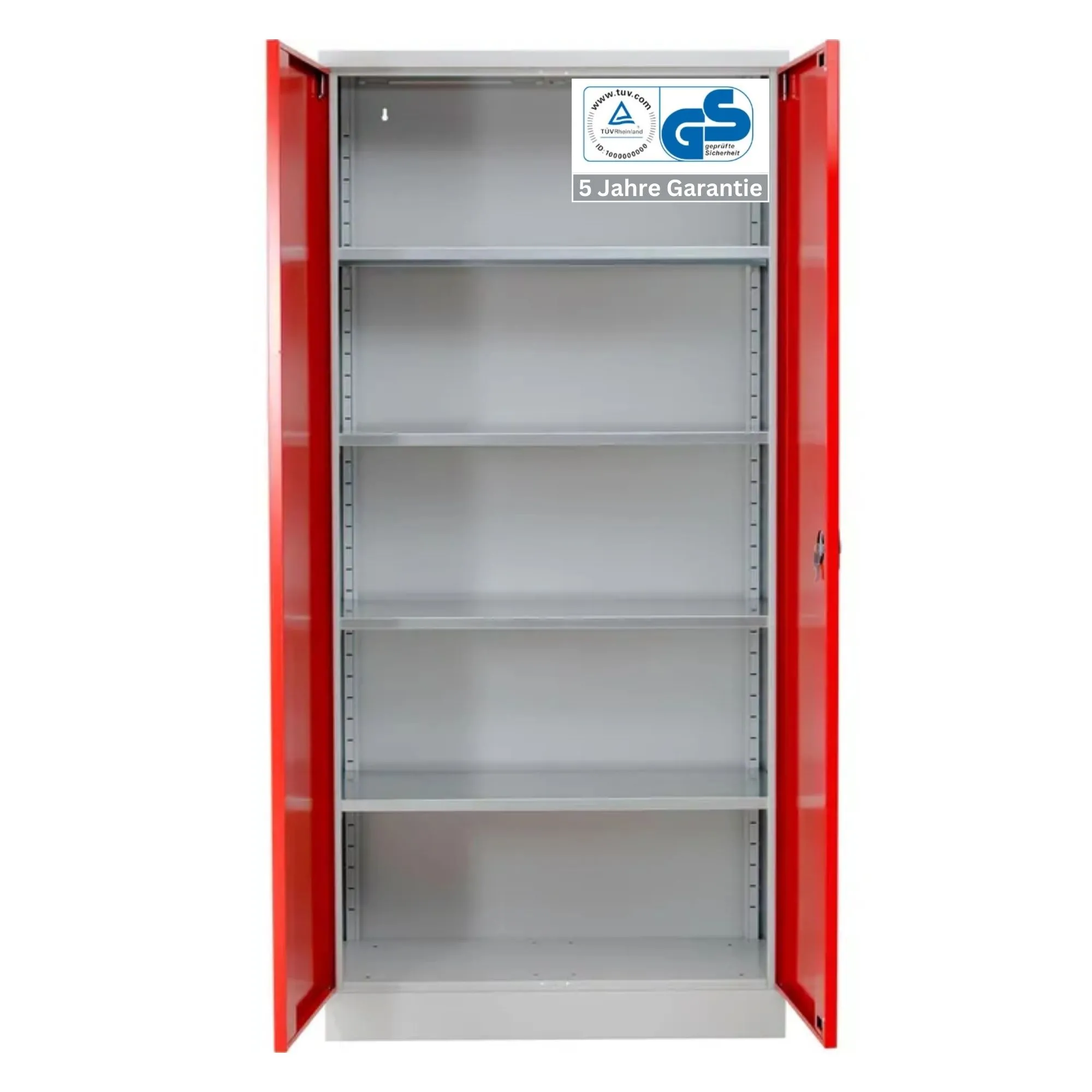 Stahlschrank BEE mit 4 lackierten Fachböden | HxBxT 195x92x60cm | Korpusfarbe Lichtgrau, Frontfarbe Feuerrot | Werkstattschrank Werkzeugschrank Aktenschrank Universalschrank