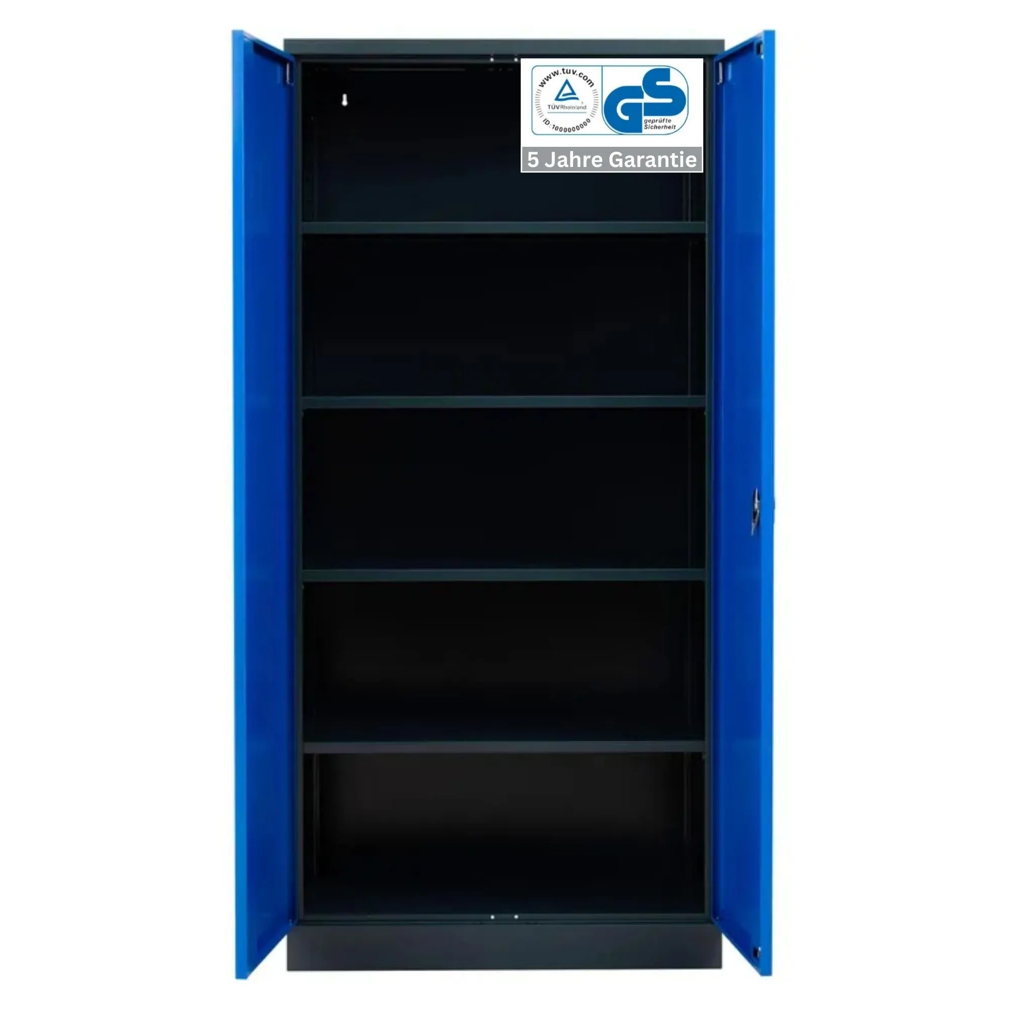 Stahlschrank BEE mit 4 verzinkten Fachböden | HxBxT 195x92x42cm | Korpusfarbe Anthrazit, Frontfarbe Enzianblau | Werkstattschrank Werkzeugschrank Aktenschrank Universalschrank