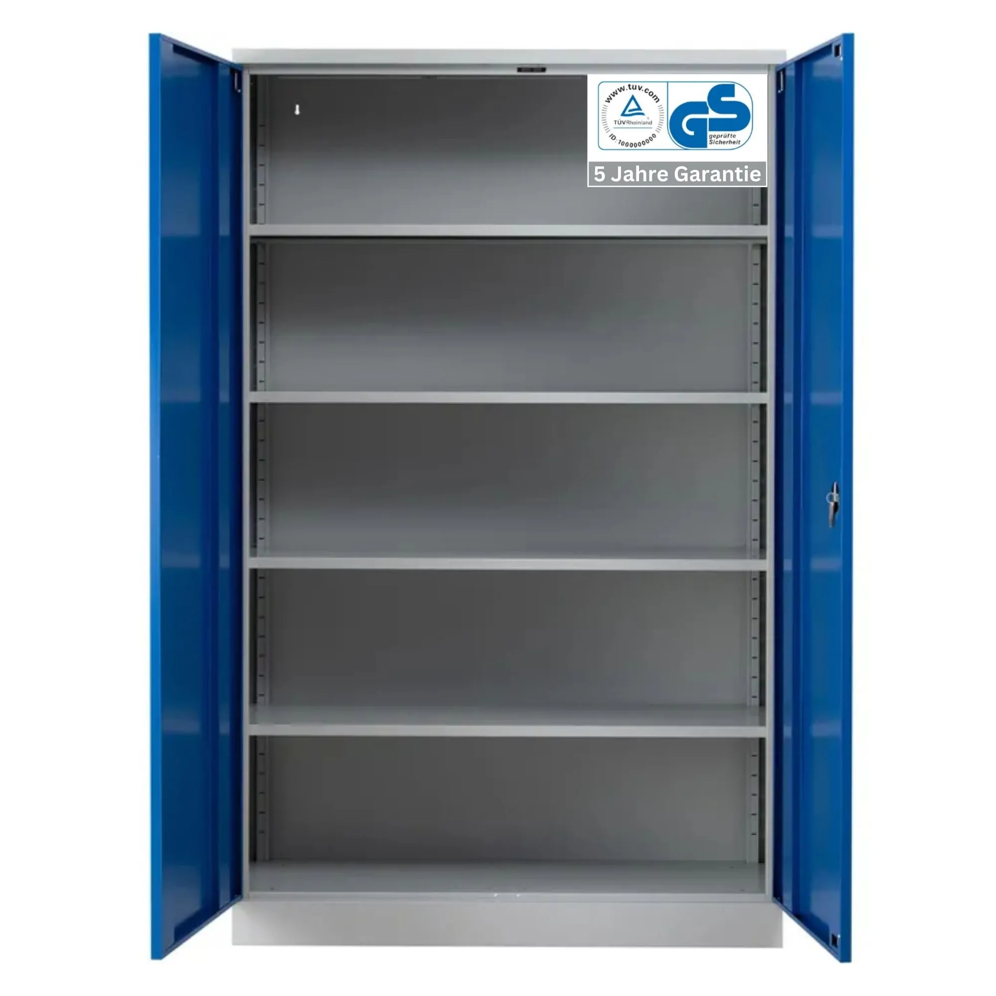 Stahlschrank BEE mit 4 verzinkten Fachböden | HxBxT 195x120x42cm | Korpusfarbe Lichtgrau, Frontfarbe Enzianblau | Werkstattschrank Werkzeugschrank Aktenschrank Universalschrank