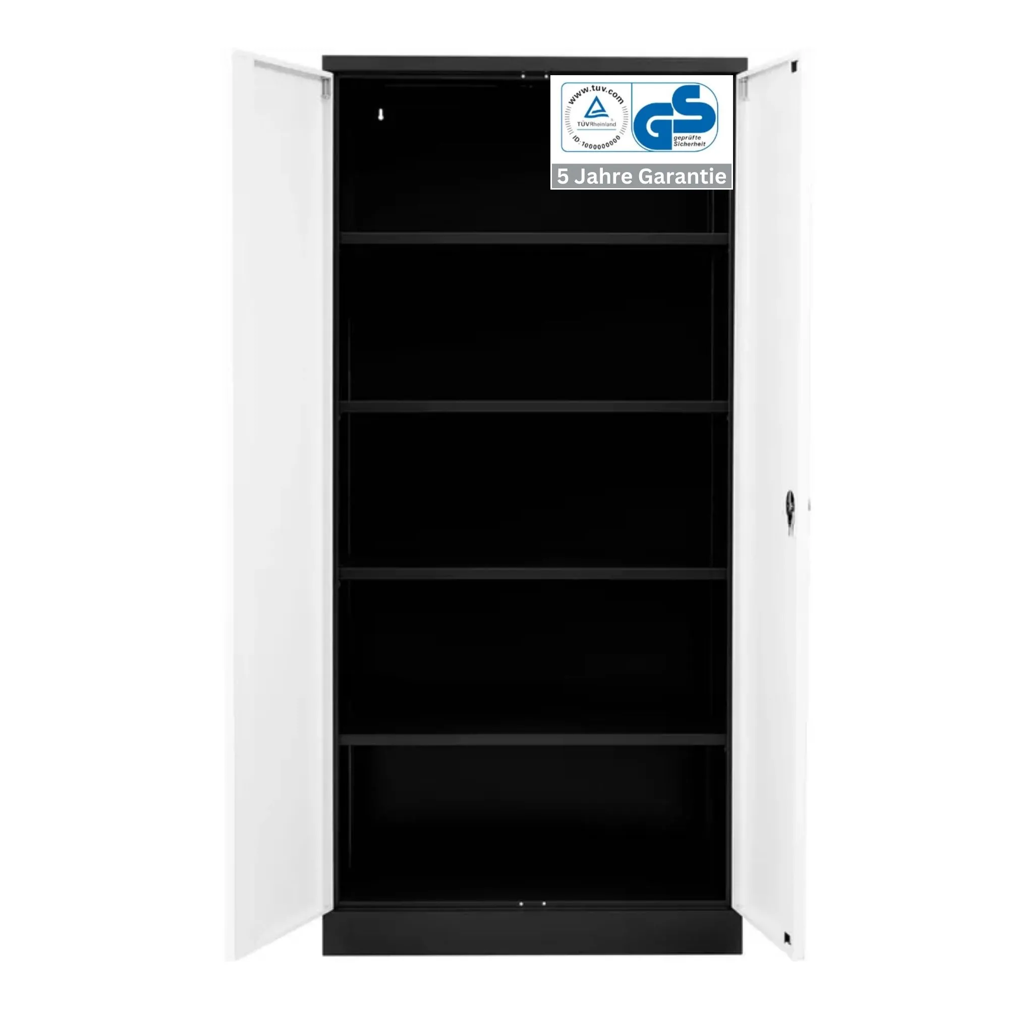 Stahlschrank BEE mit 4 lackierten Fachböden | HxBxT 195x92x42cm | Korpusfarbe Schwarz, Frontfarbe Verkehrsweiß | Werkstattschrank Werkzeugschrank Aktenschrank Universalschrank