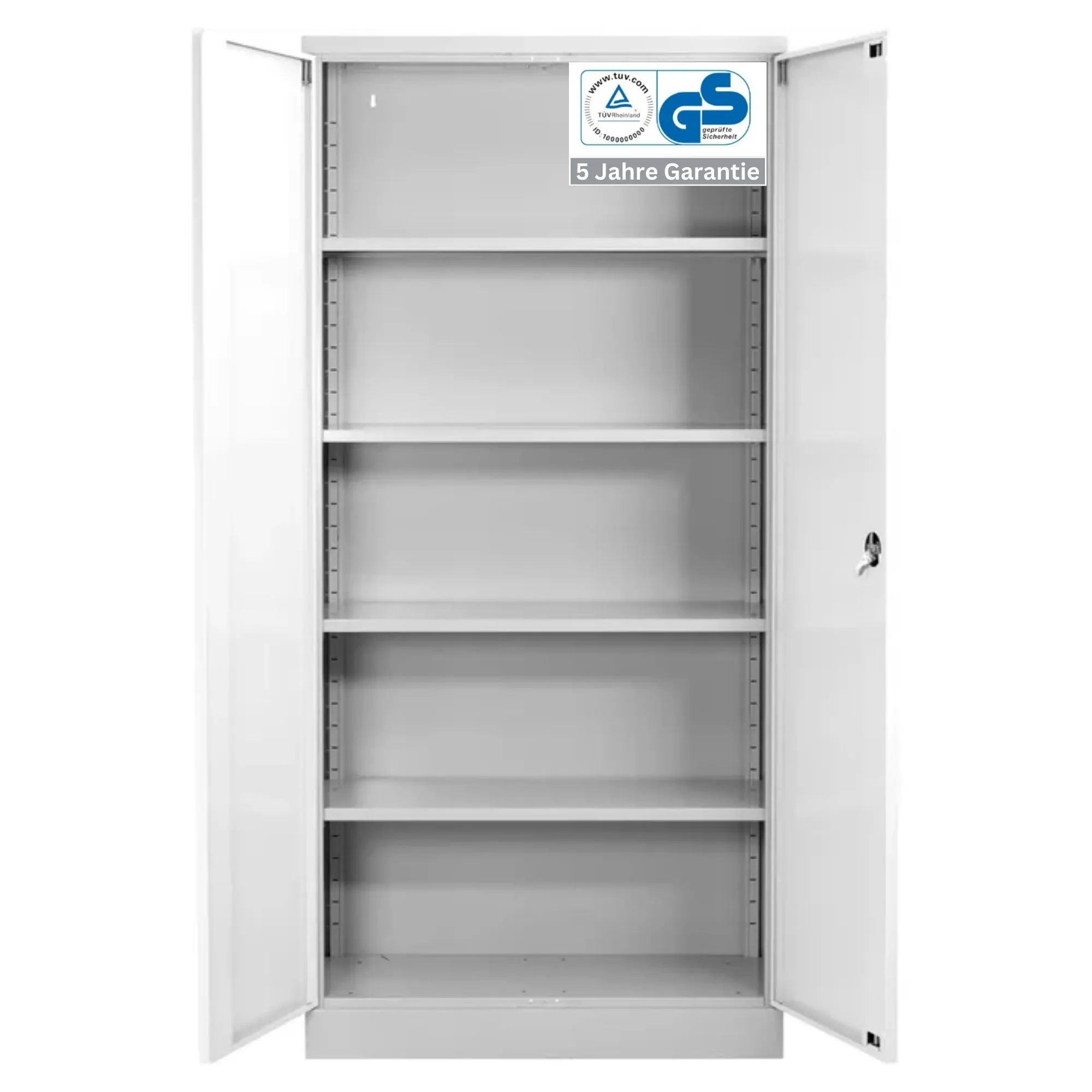 Stahlschrank BEE mit 4 lackierten Fachböden | HxBxT 195x92x50cm | Korpusfarbe Lichtgrau, Frontfarbe Verkehrsweiß | Werkstattschrank Werkzeugschrank Aktenschrank Universalschrank