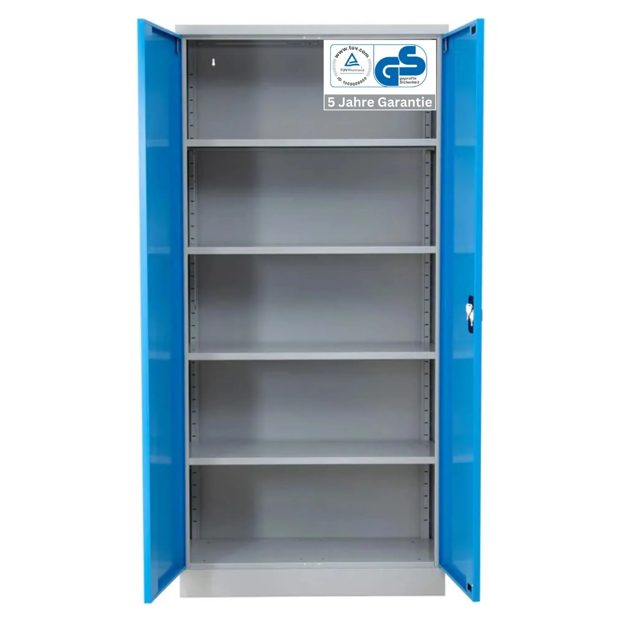 Stahlschrank BEE mit 4 lackierten Fachböden | HxBxT 195x92x42cm | Korpusfarbe Lichtgrau, Frontfarbe Lichtblau | Werkstattschrank Werkzeugschrank Aktenschrank Universalschrank