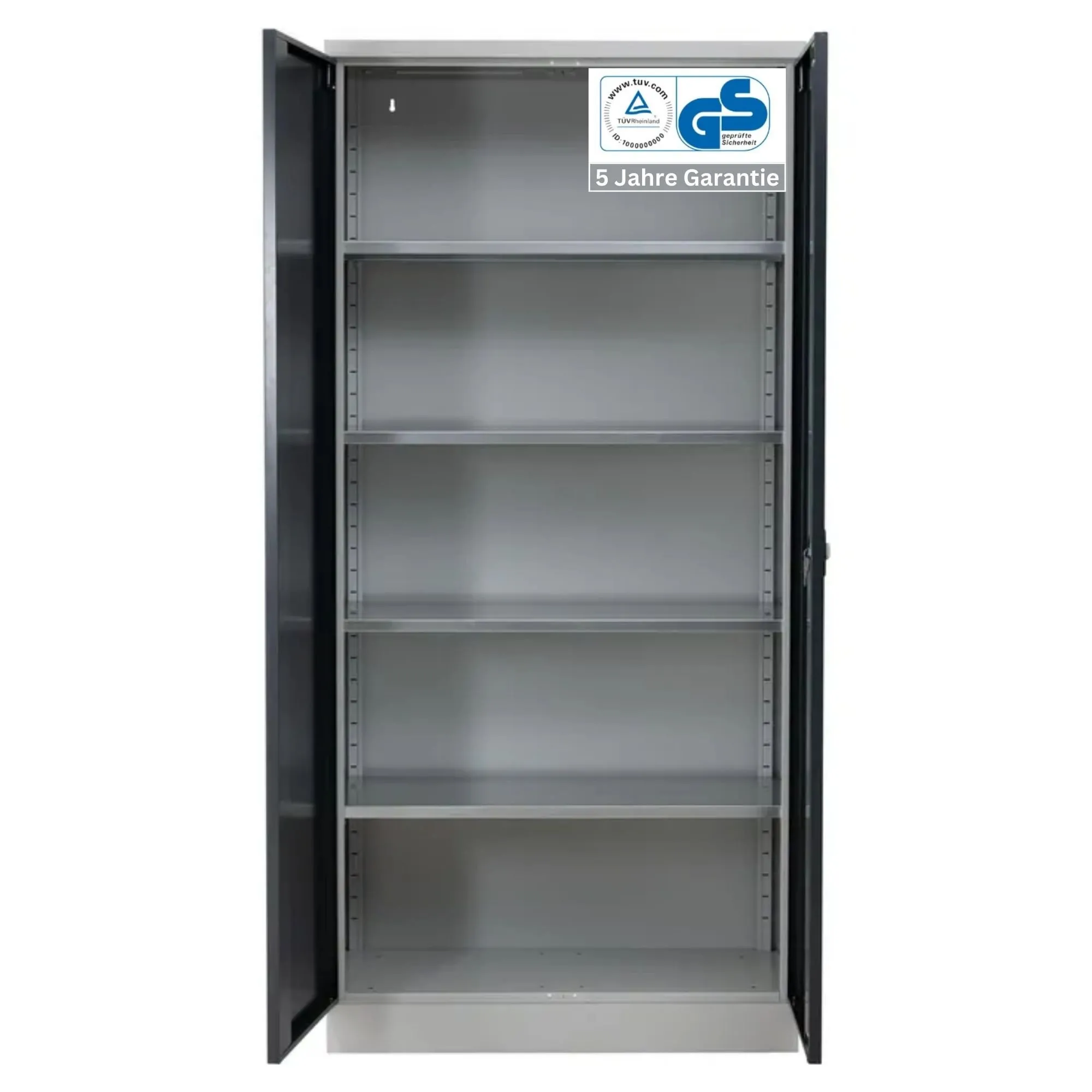 Stahlschrank BEE mit 4 lackierten Fachböden | HxBxT 195x92x50cm | Korpusfarbe Lichtgrau, Frontfarbe Schwarz | Werkstattschrank Werkzeugschrank Aktenschrank Universalschrank