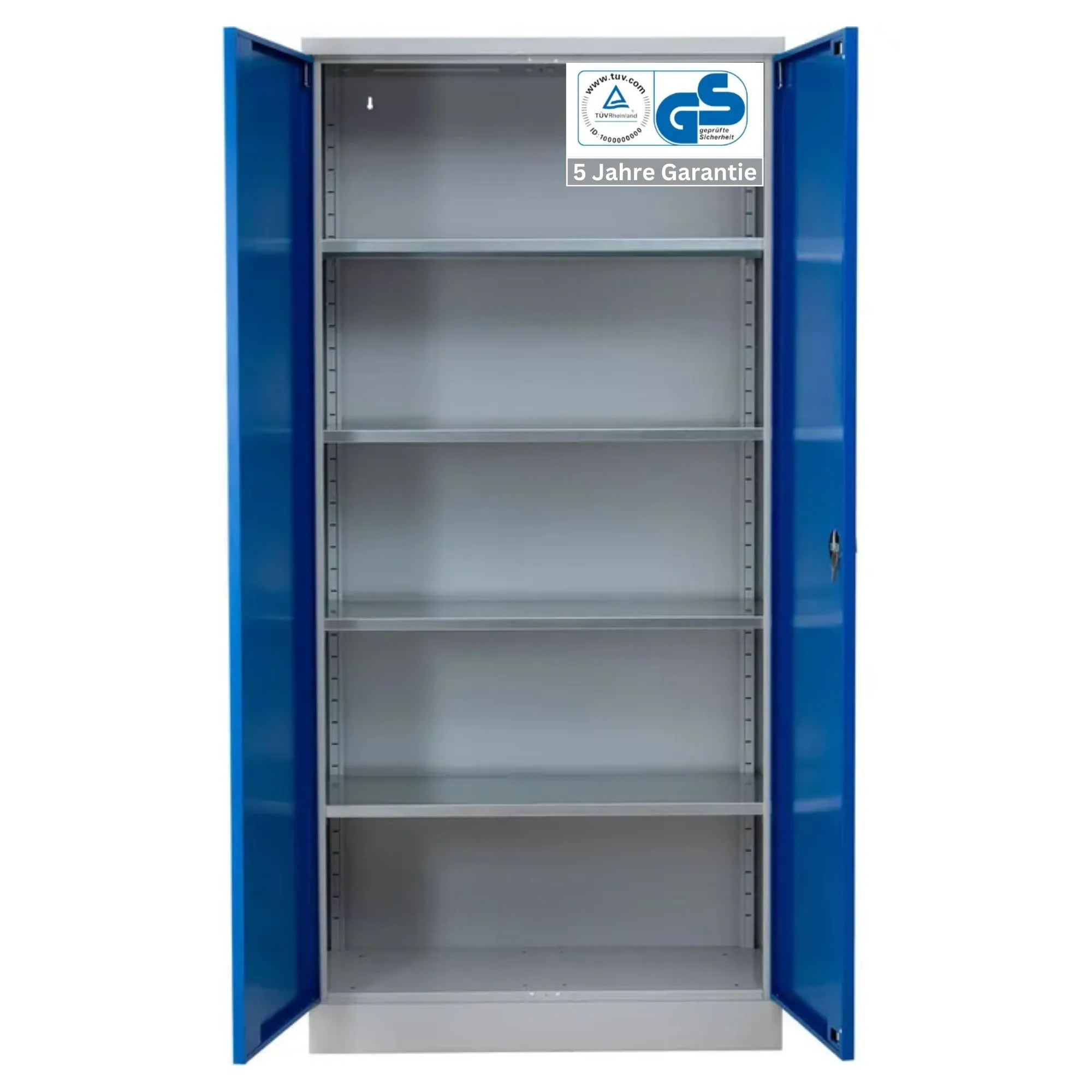Stahlschrank BEE mit 4 lackierten Fachböden | HxBxT 195x92x50cm | Korpusfarbe Lichtgrau, Frontfarbe Enzianblau | Werkstattschrank Werkzeugschrank Aktenschrank Universalschrank