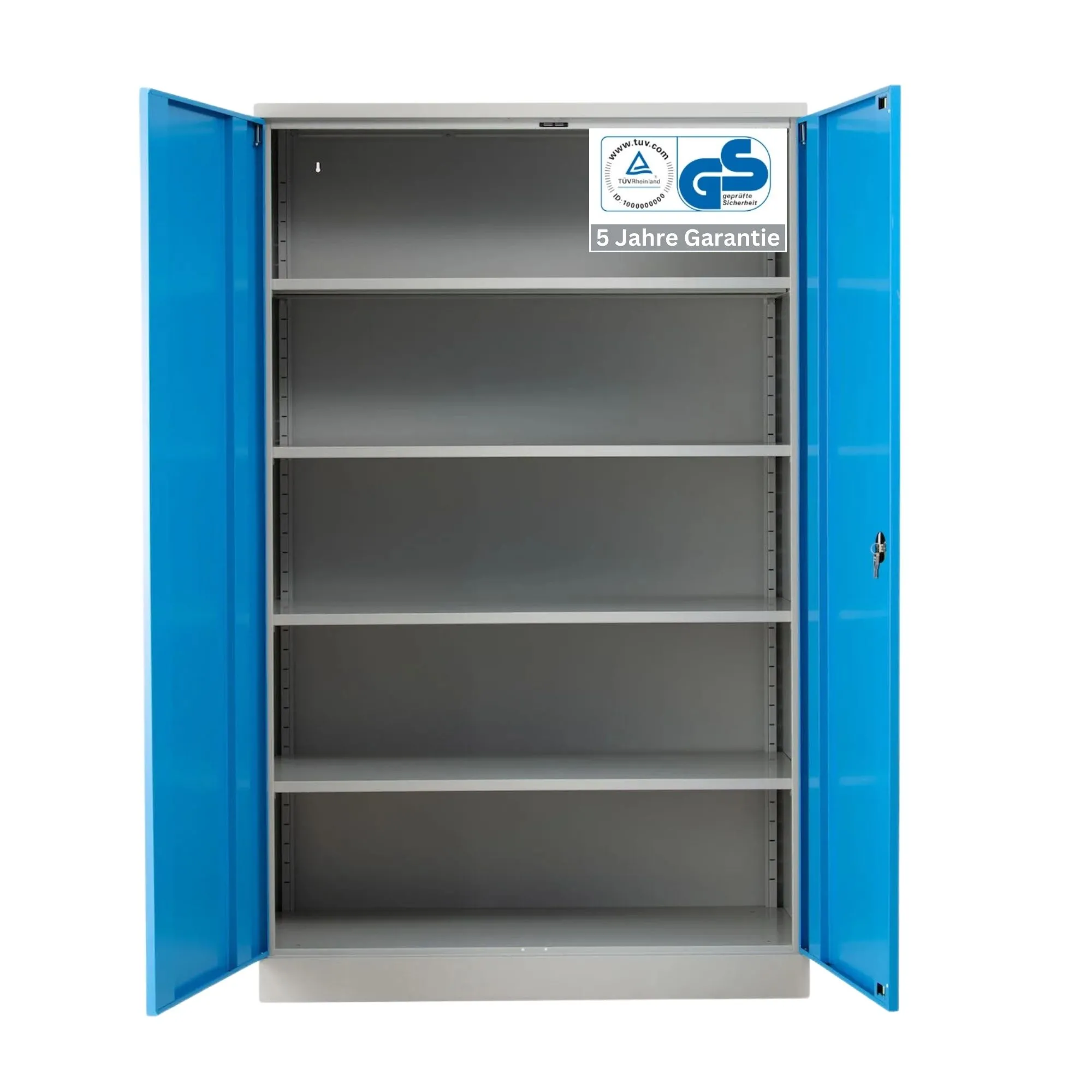 Stahlschrank BEE mit 4 lackierten Fachböden | HxBxT 195x120x50cm | Korpusfarbe Lichtgrau, Frontfarbe Lichtblau | Werkstattschrank Werkzeugschrank Aktenschrank Universalschrank