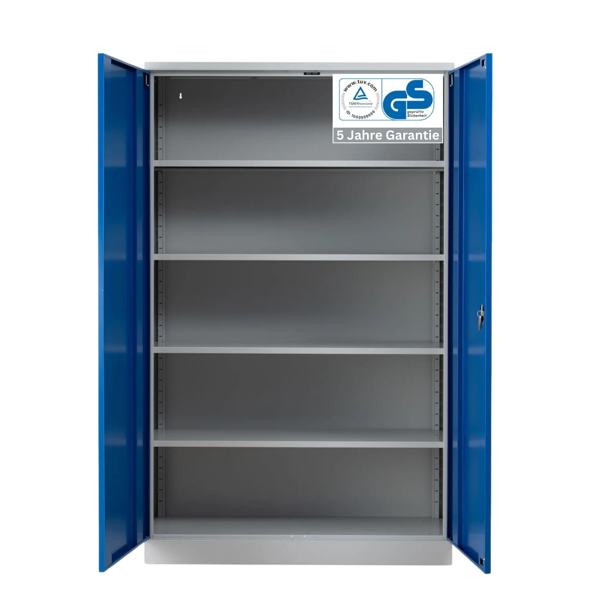 Stahlschrank BEE mit 4 lackierten Fachböden | HxBxT 195x120x50cm | Korpusfarbe Lichtgrau, Frontfarbe Enzianblau | Werkstattschrank Werkzeugschrank Aktenschrank Universalschrank