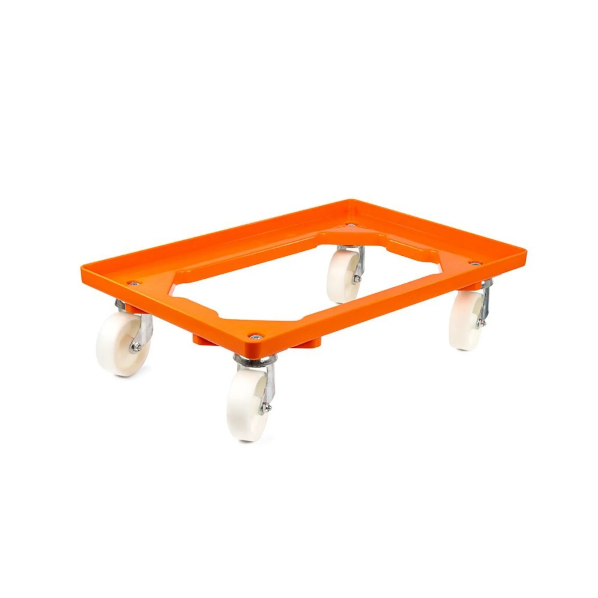 Transportroller für Euroboxen 60x40cm mit Kunststoffräder orange | Offenes Deck | 2 Lenkrollen & 2 Bremsrollen | Traglast 300kg | Kistenroller Logistikroller Rollwagen Profi-Fahrgestell
