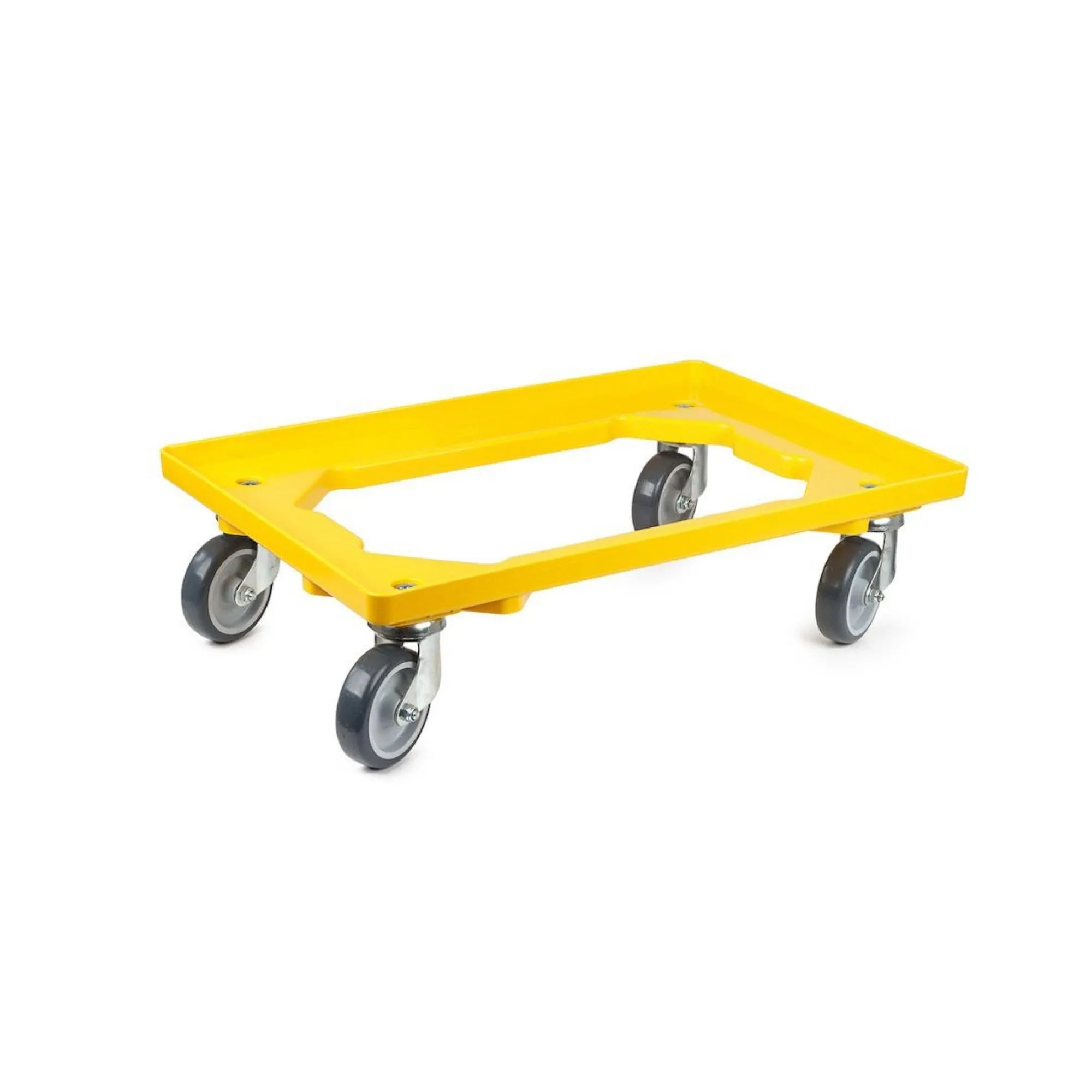 Transportroller für Euroboxen 60x40cm mit Gummiräder gelb | Offenes Deck | 2 Lenkrollen & 2 Bremsrollen | Traglast 300kg | Kistenroller Logistikroller Rollwagen Profi-Fahrgestell