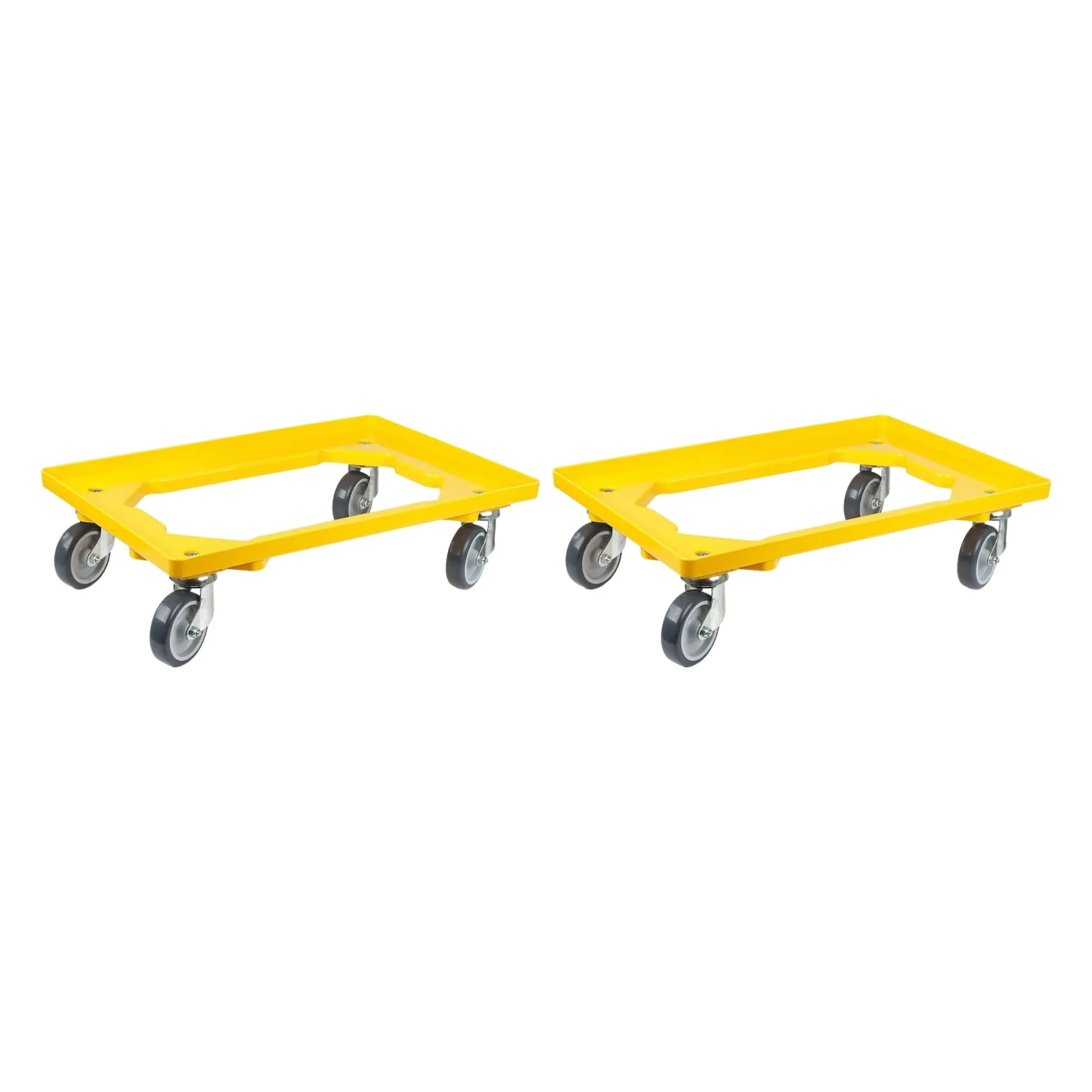 SparSet 2x Transportroller für Euroboxen 60x40cm mit Gummiräder gelb | Offenes Deck | 2 Lenkrollen & 2 Bremsrollen | Traglast 300kg | Kistenroller Logistikroller Rollwagen Profi-Fahrgestell
