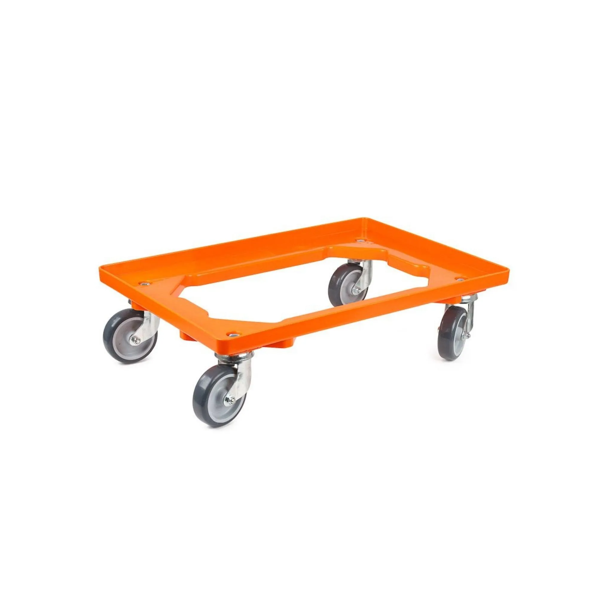 Transportroller für Euroboxen 60x40cm mit Gummiräder orange | Offenes Deck | 2 Lenkrollen & 2 Bremsrollen | Traglast 300kg | Kistenroller Logistikroller Rollwagen Profi-Fahrgestell