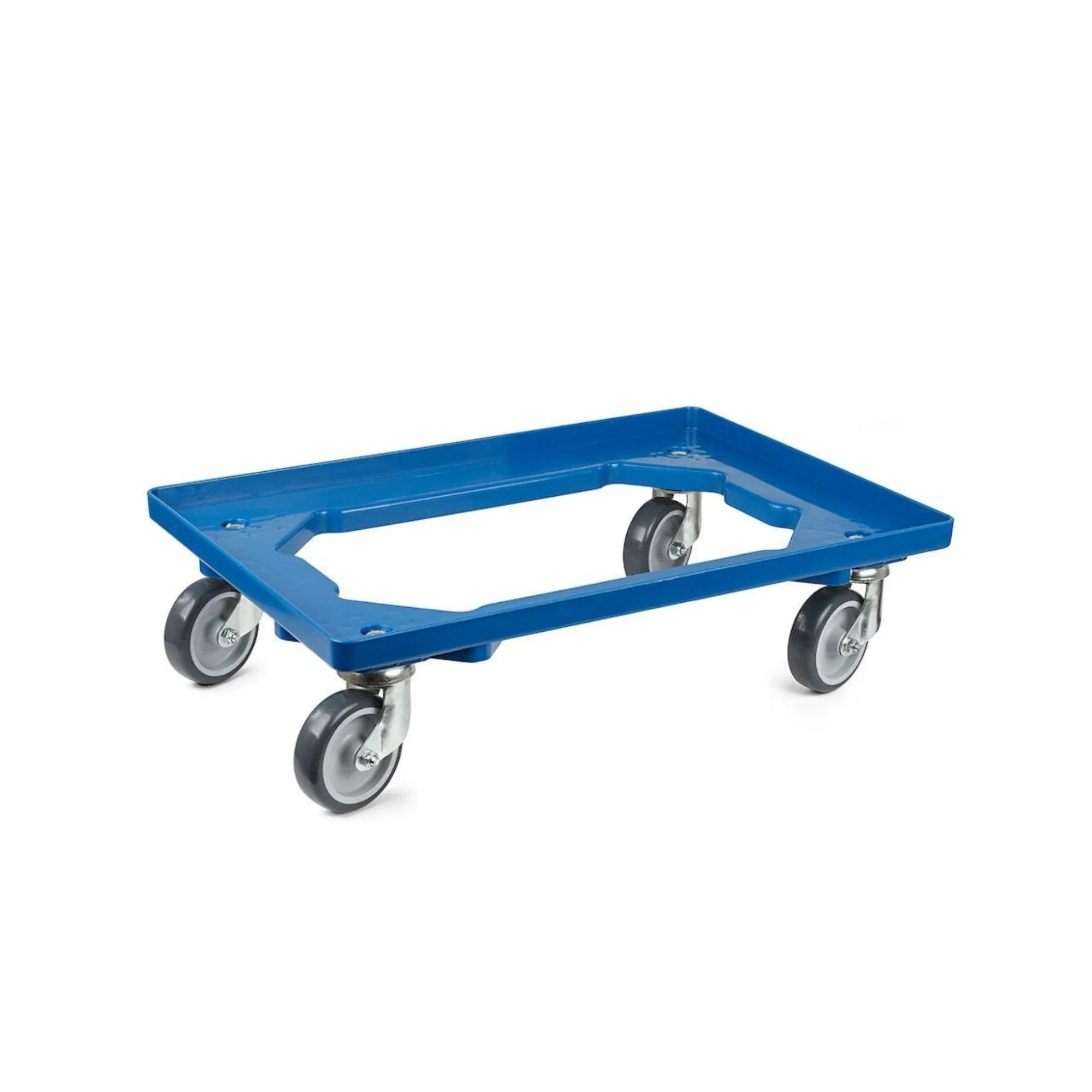 Transportroller für Euroboxen 60x40cm mit Gummiräder blau | Offenes Deck | 2 Lenkrollen & 2 Bockrollen | Traglast 300kg | Kistenroller Logistikroller Rollwagen Profi-Fahrgestell