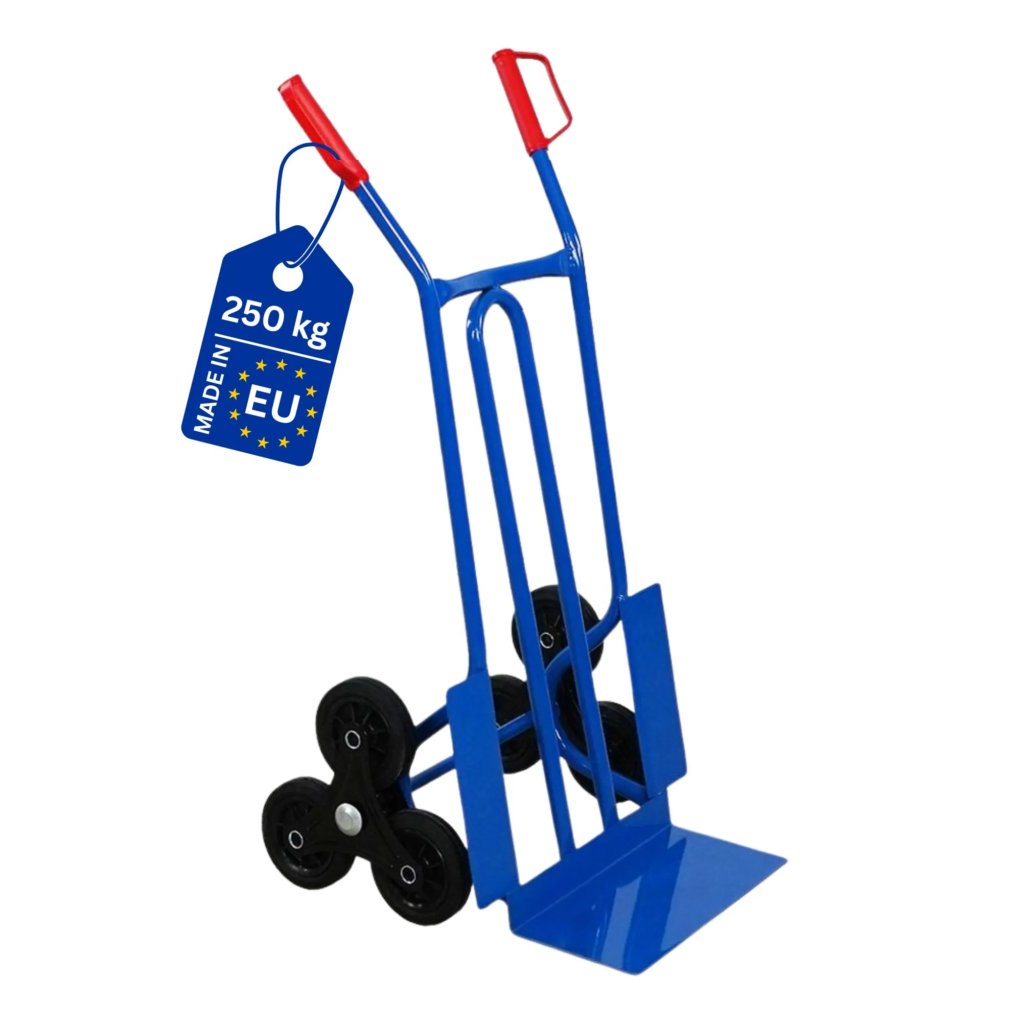 Stahlrohr-Treppensteiger RHINO mit XL Schaufel, gebogenen Streben & pannensichere Vollgummibereifung | Traglast 250kg | HxBxT 104x60x54cm | Blau | Treppensackkarre Transportkarre Staplerkarre