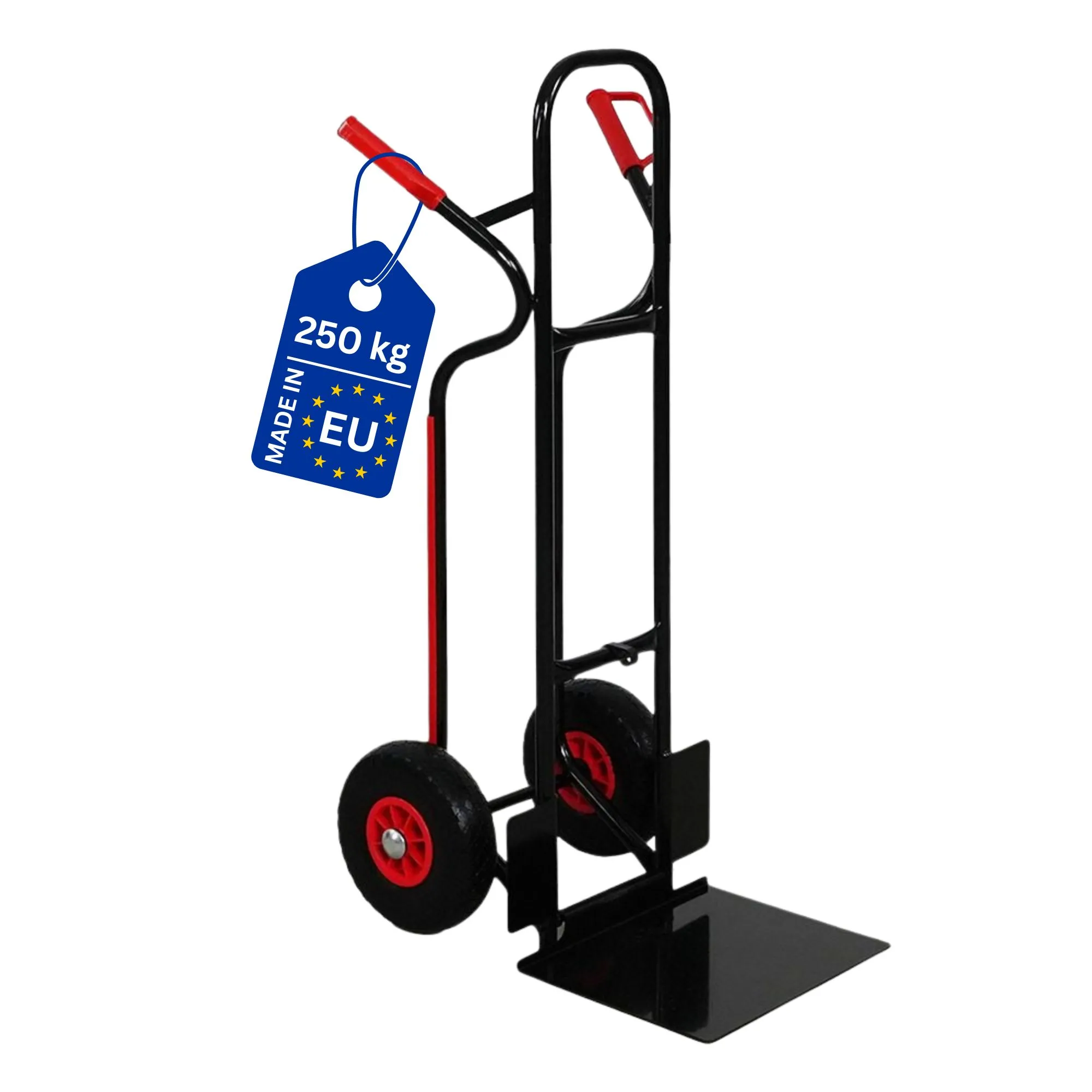 Stahlrohr-Sackkarre RAGNAR mit klappbarer XXL Schaufel, gebogenen Streben & pannensichere PU-Bereifung | Traglast 250kg | HxBxT 117x60x60cm | Schwarz | Transportkarre Staplerkarre klappbar