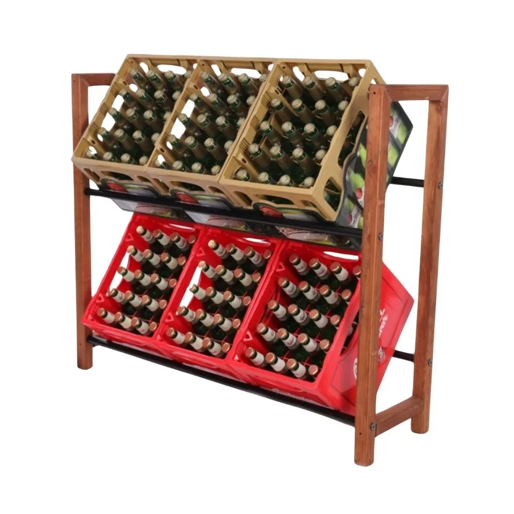 Getränkekistenregal HUNSRÜCK | HxBxT 95x112x32cm | 6 Kisten auf 2 Ebenen | Massives Kiefernholz | Braun geölt