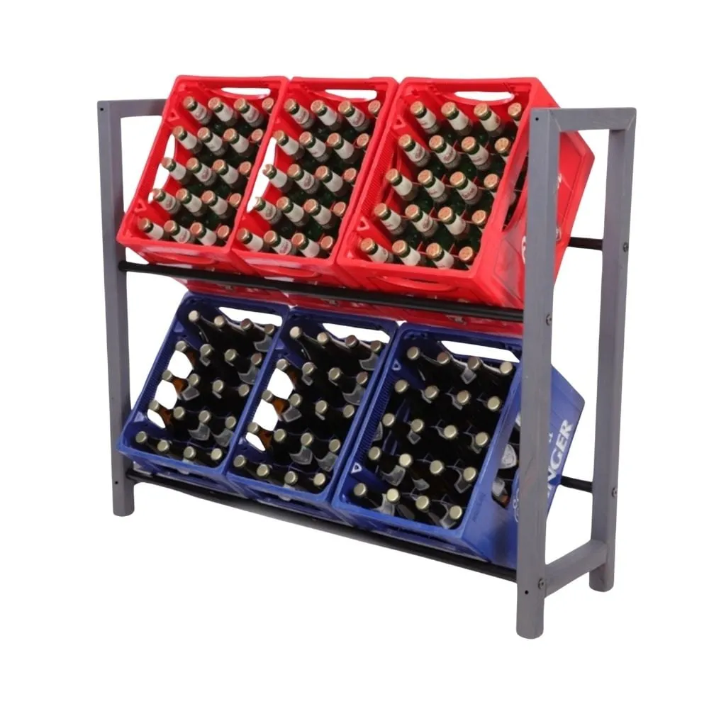 Getränkekistenregal HUNSRÜCK | HxBxT 95x112x32cm | 6 Kisten auf 2 Ebenen | Massives Kiefernholz | Grau geölt